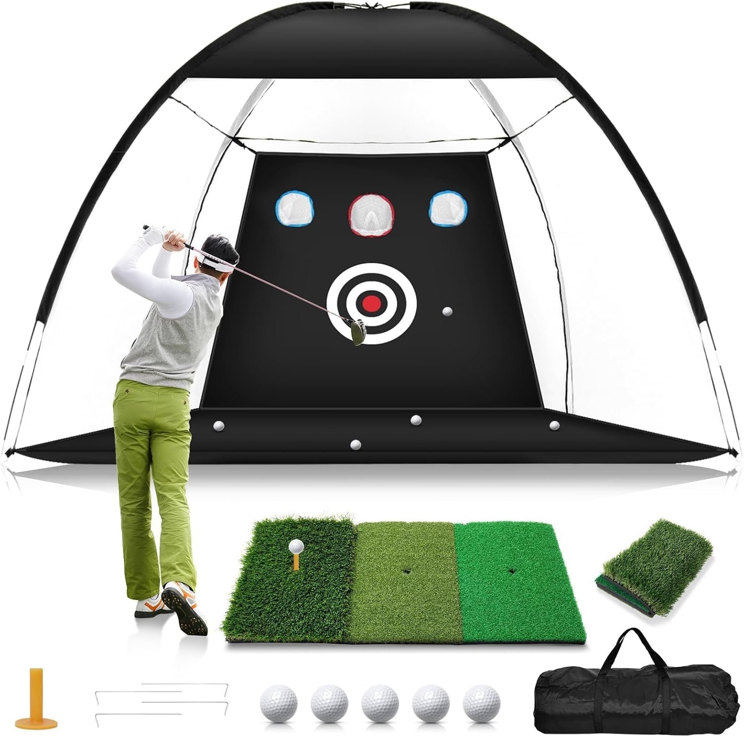 Golf Net, 10x7FT Home Golf Hitting Aids Equipment with Foldable Tri-Turf Mat for Backyard Driving Chipping Swing with Training Target/Balls/Tee for Outdoor Indoor, Gifts for Men Him Dad Golfers