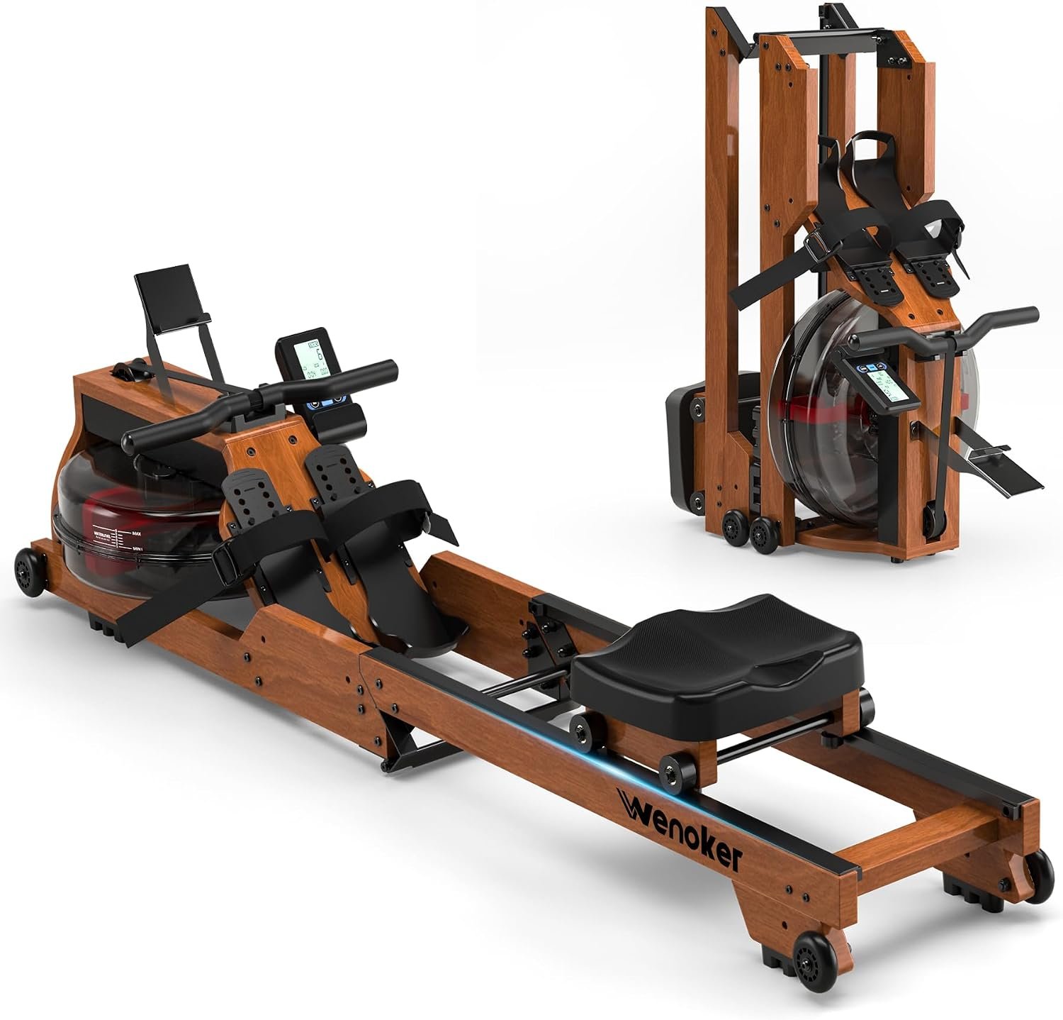 Water Rowing Machine for Home Use, WENOKER Wooden Foldable Rower Machine with Dedicated Monitor & Bluetooth APP