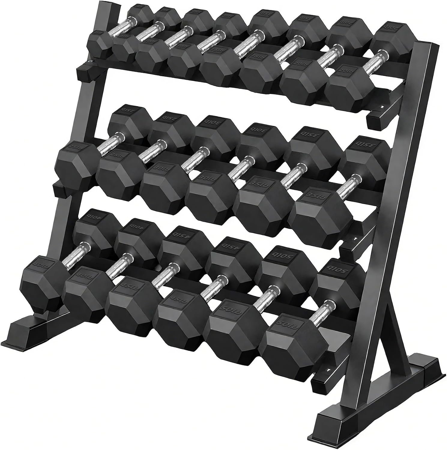 350/450/550 Lbs Hex Dumbbell Set with 3-Tier Rack | Rubber Coated Weights Storage Stand for Home Gym Workout Training and Strength Exercise Equipment