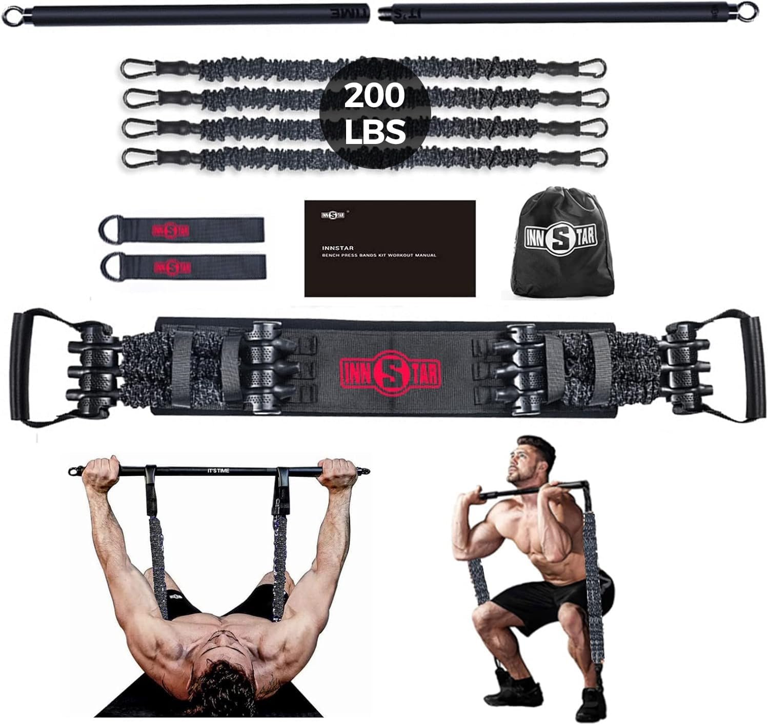 INNSTAR Portable Home Gym Set with Workout Bar, Bench Press Set, Squat Resistance Band, Door Anchor and More-Full Body Workout Equipment to Build Muscle and Shape Body