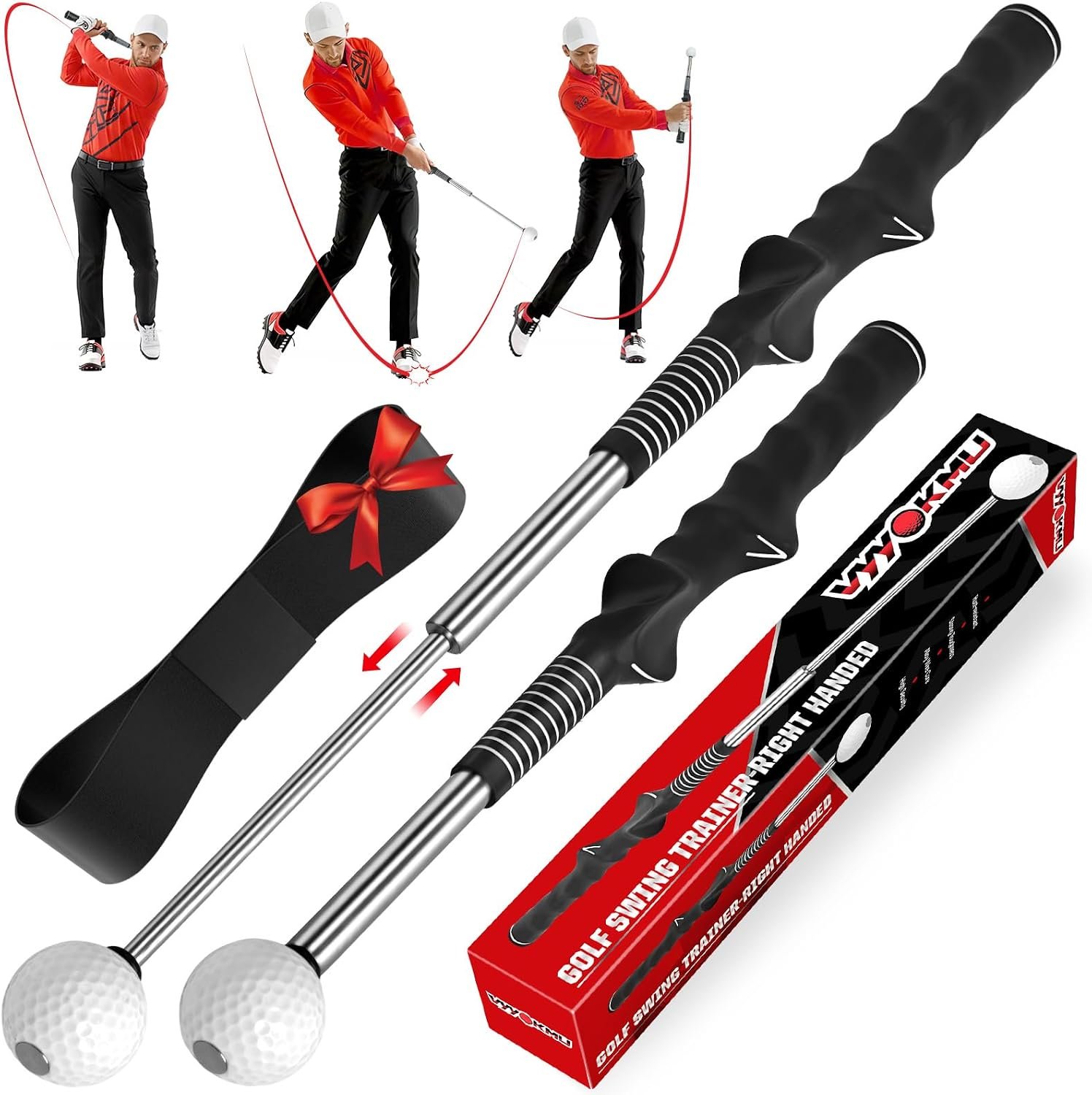 Tempo Stick Golf for Right Hand, Retractable Golf Swing Trainer | 5-in-1 Retractable Golf Swing Training Aid with Arm Band, Telescopic Golf Tempo Stick for Grip Correction with Click Feedback