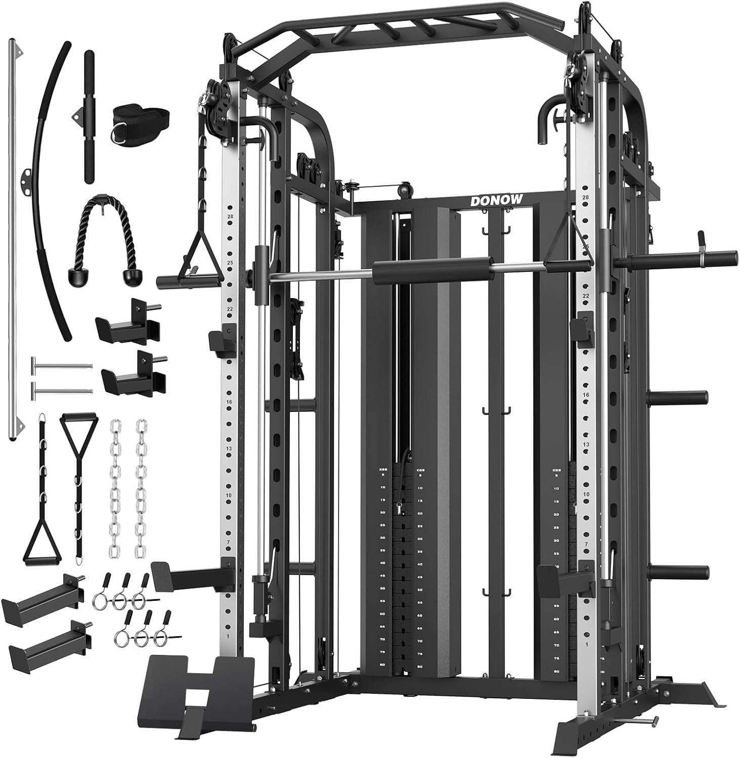 Smith Machine with Weight Stacks Home Gym System Cable Crossover | Multi Function, All in One, Heavy Duty, Lat Pulldown Bench, Hip Thrust Attachment, Smooth Smith Bar and Cable System