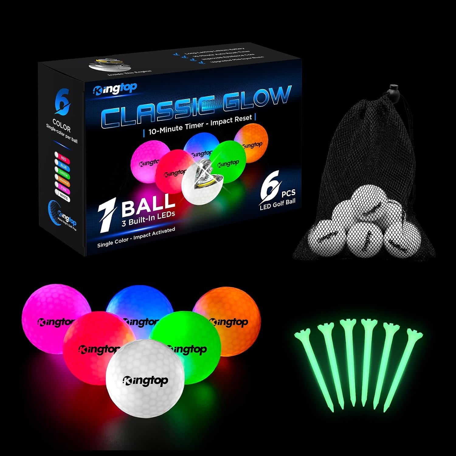 KINGTOP Glow in the Dark LED Golf Balls with Glow Tees, 6 Pack | Three LED design, glow tees, mesh storage bag, night golf rounds, backyard putting and chipping, novelty golf gifts