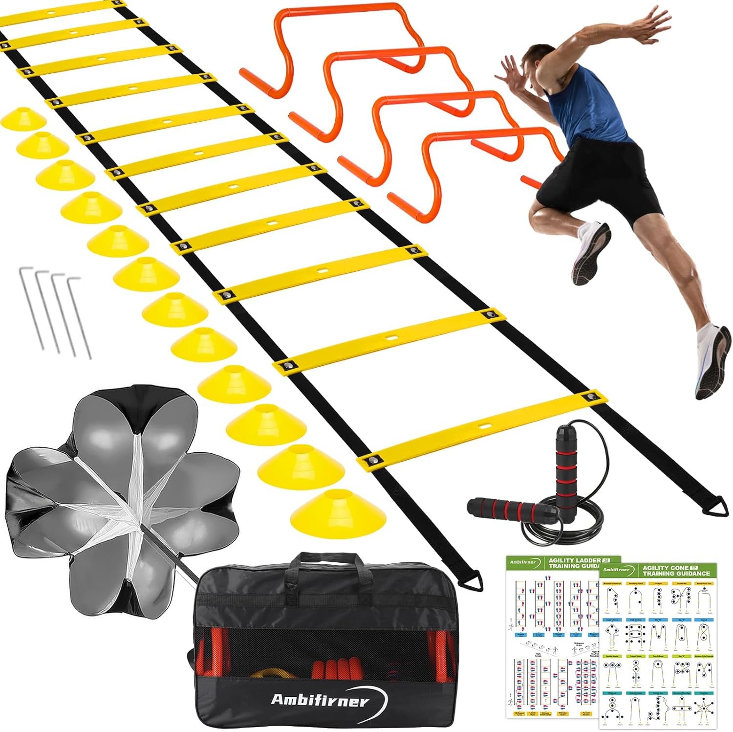 Agility Ladder Training Equipment Set – Agility Ladder(12 Rungs/20ft), 4 Speed Hurdles, 12 Training Cones, Jump Rope, Parachute for Speed/Soccer/Football Training with Carry Bag
