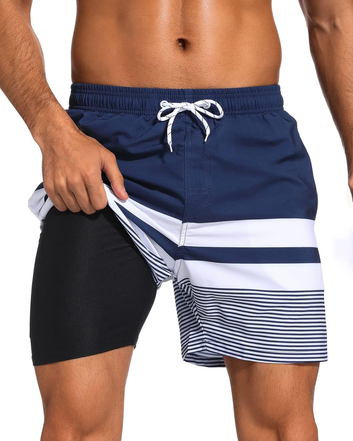 SILKWORLD Mens Swim Trunks with Compression Liner 2 in 1 Quick Dry Bathing Suit Beach Shorts with Zipper Pockets | Compression Liner, Quick Dry, Anti-Chafing, No Need Extra Underwear, Zip Pockets, Drawstring, 4 Way Stretch Fabric