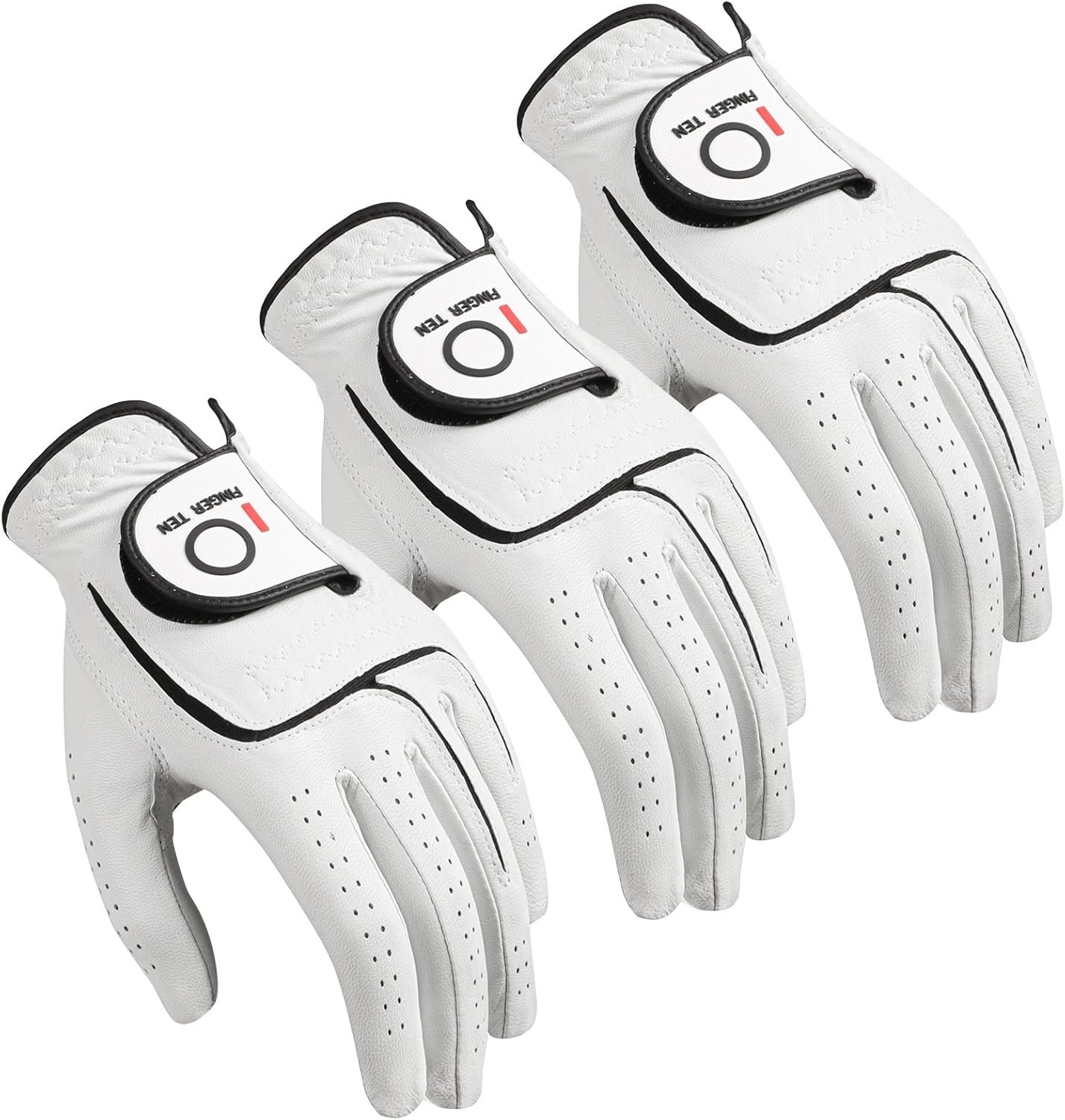 FINGER TEN Golf Gloves Men Cabretta Leather 3 Pack | Premium Soft Feel for Left Right Hand, Cadet Size Available, All Weather Grip, Breathable Design, Flexible Fit
