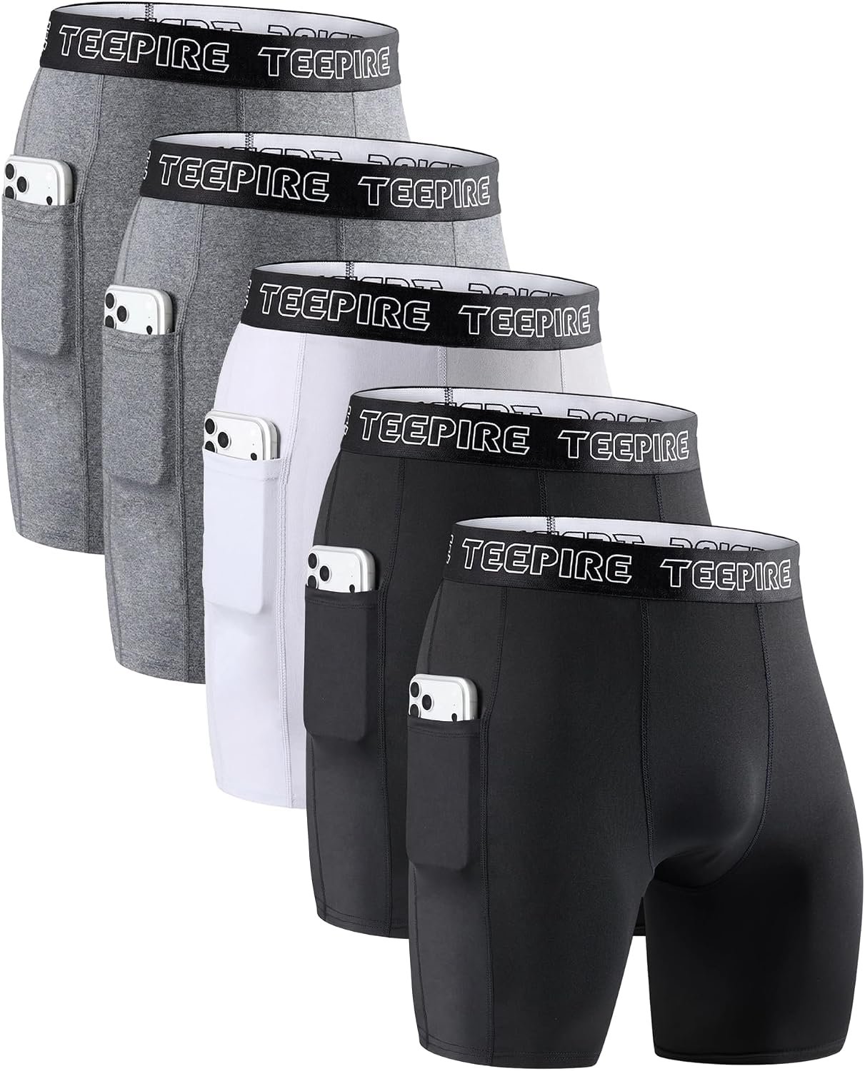 5 Pack Mens Compression Shorts with Pocket, Spandex Underwear Gym Shorts | Quick Dry, Lightweight, Mens Performance Base Layer Underwear, Athletic Workout Shorts for Basketball & Training