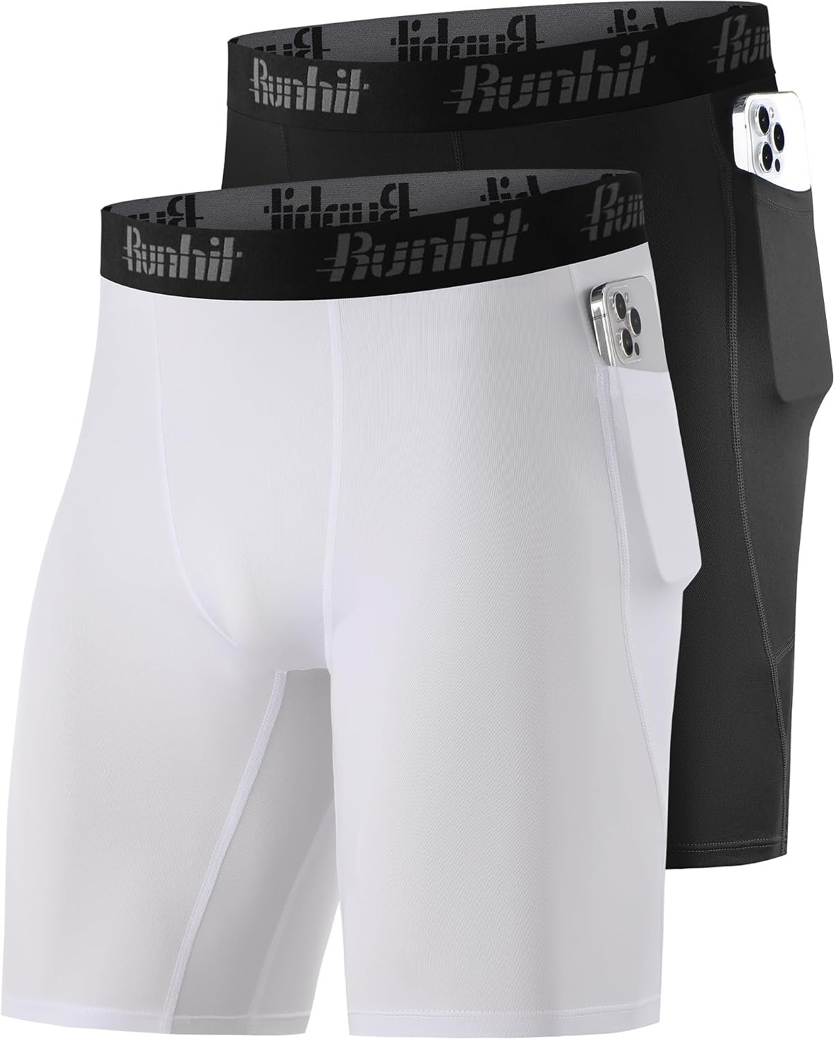 Runhit 2 Pack Mens Compression Shorts with Pockets 9″ Performance Spandex Underwear Sport Athletic Workout Running Base Layer