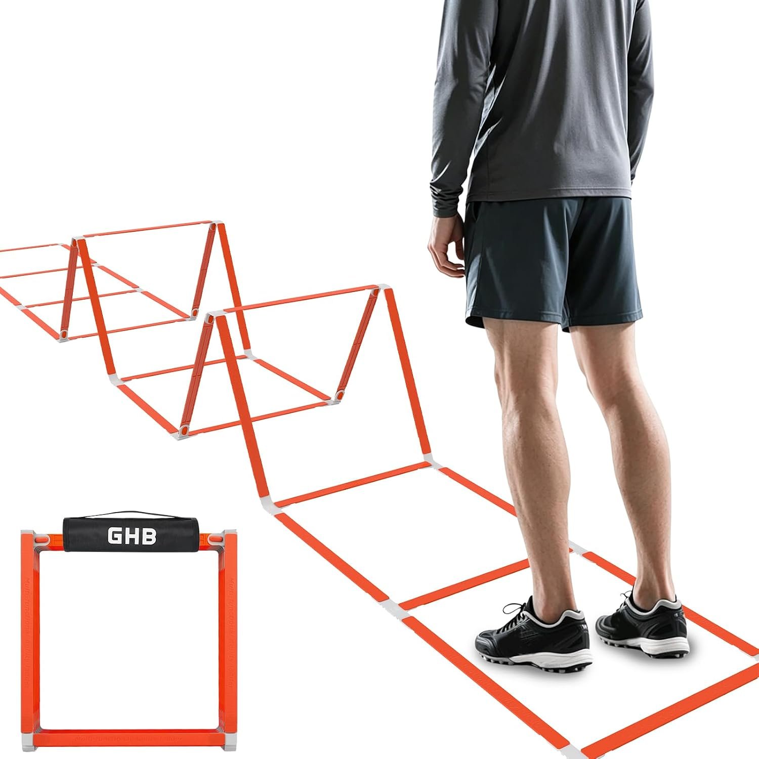 GHB Tangle-Free Agility Ladder Hurdles, 15ft 11 Rungs | 3-in-1 Speed Training Hurdles Set, Footwork Drills for Football, Soccer, Boxing