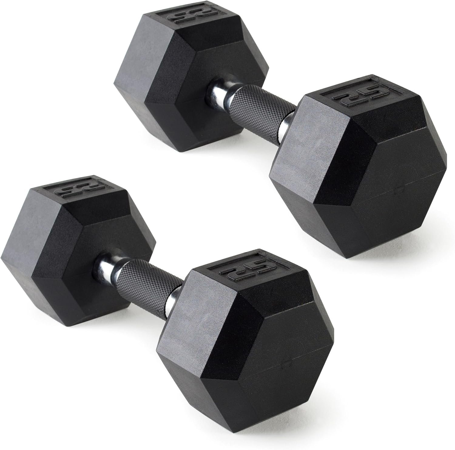 CAP Rubber Coated Dumbbell Weights, Free Weights for Home Gym Strength Training, Anti-Roll Hex Dumbbells with Black, Chrome & Comfort Grip Handles, Pairs & Sets