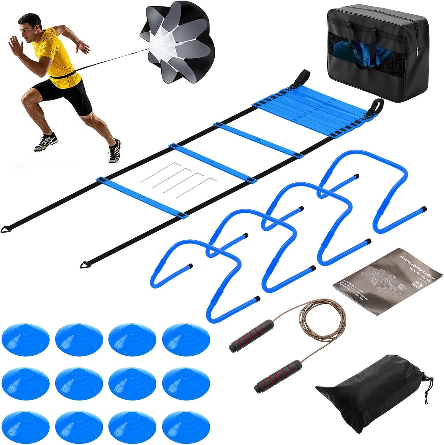 OLIXIS Agility Speed Training Equipment, 20 ft Speed Ladder, 12 Soccer Cones, 4 Agility Hurdles, Jump Rope, Resistance Parachute with Carry Bag, Training Equipment Set for Kids, Youth, Adults, Bule