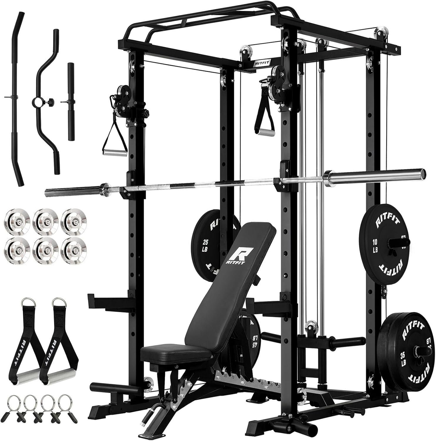 RitFit PPC-P3 Power Cage with Cable Crossover System, 1200LB Capacity | LAT Pulldown & Cable Crossover System with Bumper Plate Set, Olympic Barbell, Bench