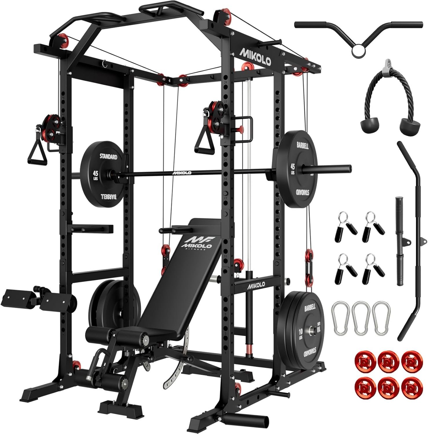 Mikolo K6 2.0 Power Cage, Power Rack with Cable Crossover System, 2000LBS Squat Rack with LAT Pull Down System, Functional Trainer with Aluminum Pulley System for Home Gym