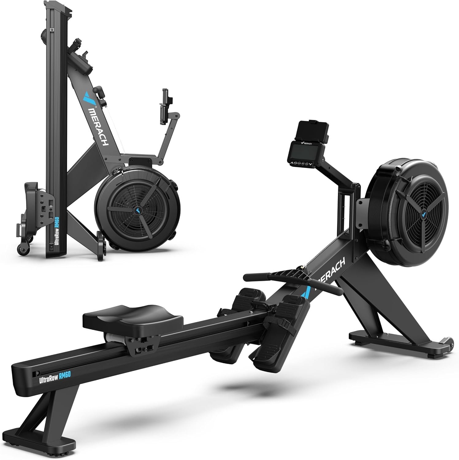 Merach Indoor Rowing Machine – Competition Monitor, Adjustable Air Resistance Rowing Machines for Home, Ergonomic Comfort Seat and Device Holder, Easy Storage