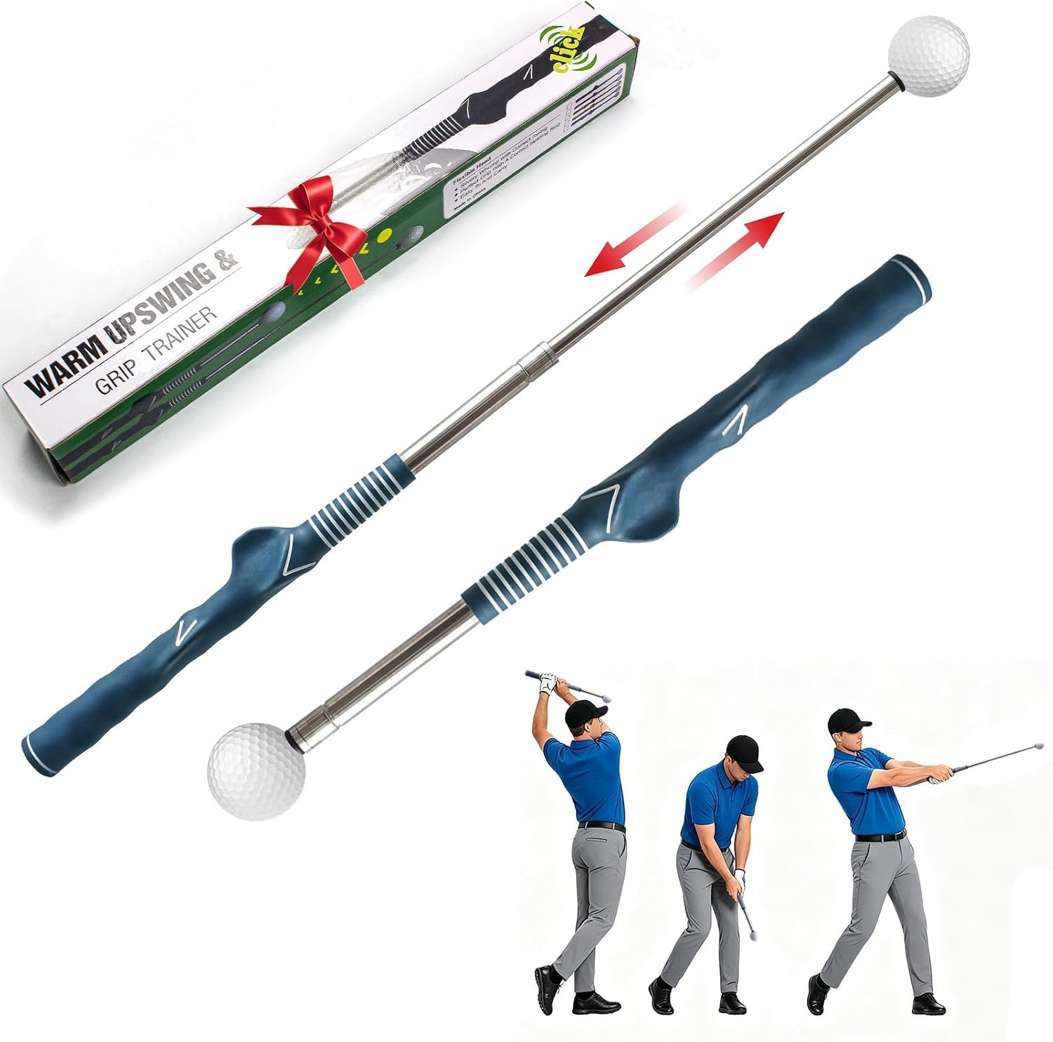 4-IN-1 Retractable Golf Swing Trainer & Golf Grip Trainer for Warm up, Golf Swing Training Aid, Golf Club Grip Trainer Click Feedback- Tempo Training Aid & Impact Control – Golf Swing Aid Right-Handed