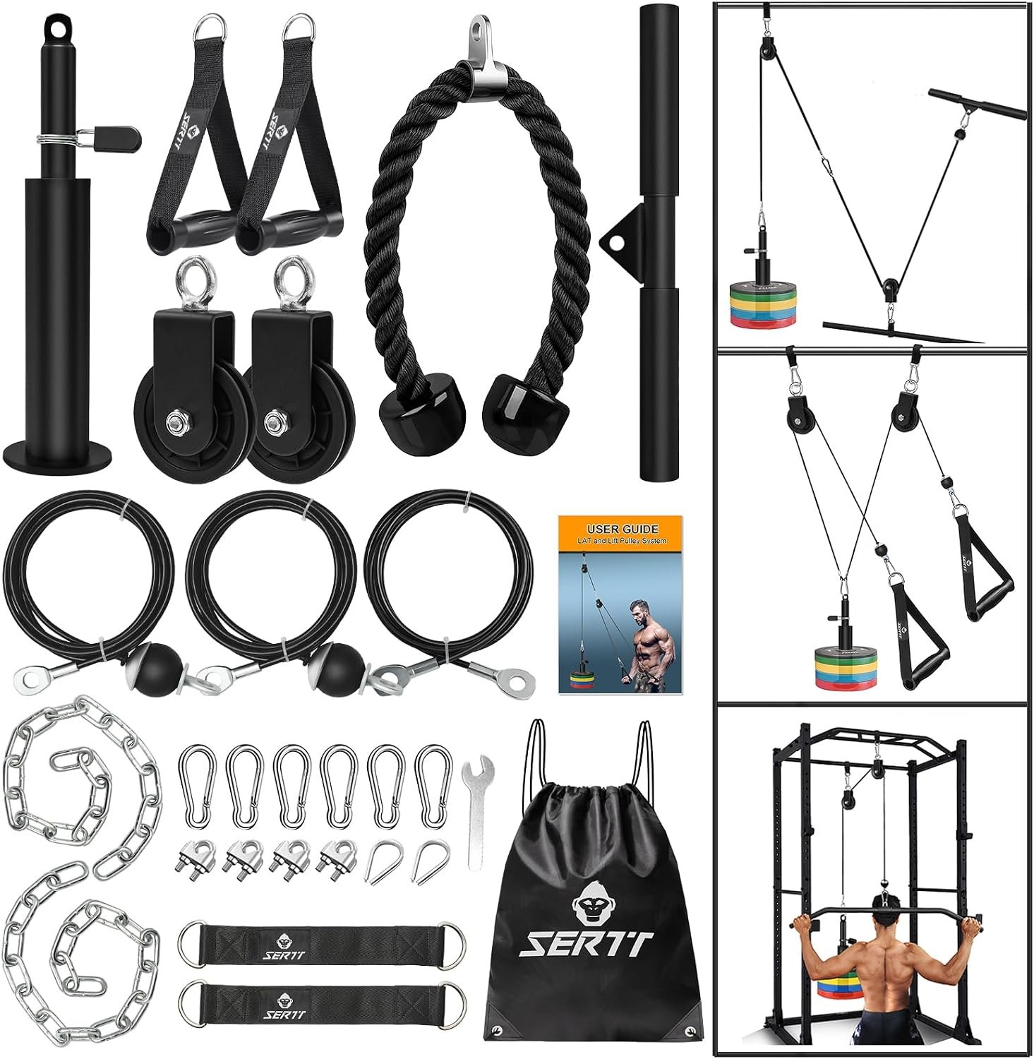 SERTT Weight Cable Pulley System Gym, Upgraded Cable Pulley Attachments for LAT Pull Down, Biceps Curl, Tricep, Arm Workouts – Home Gym Add On Equipment