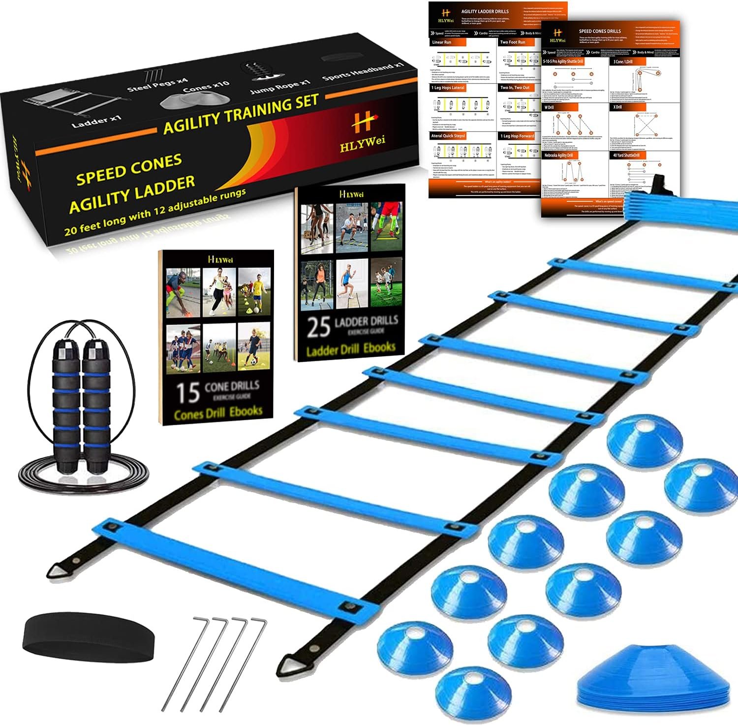 Speed Agility Training Set, Includes 1 Agility Ladder, 4 Steel Stakes, 1 Sports Headband,1 Jump Rope, 10 Disc Cones and Gym Carry Bag – Speed Training Equipment for Soccer Football Basketball