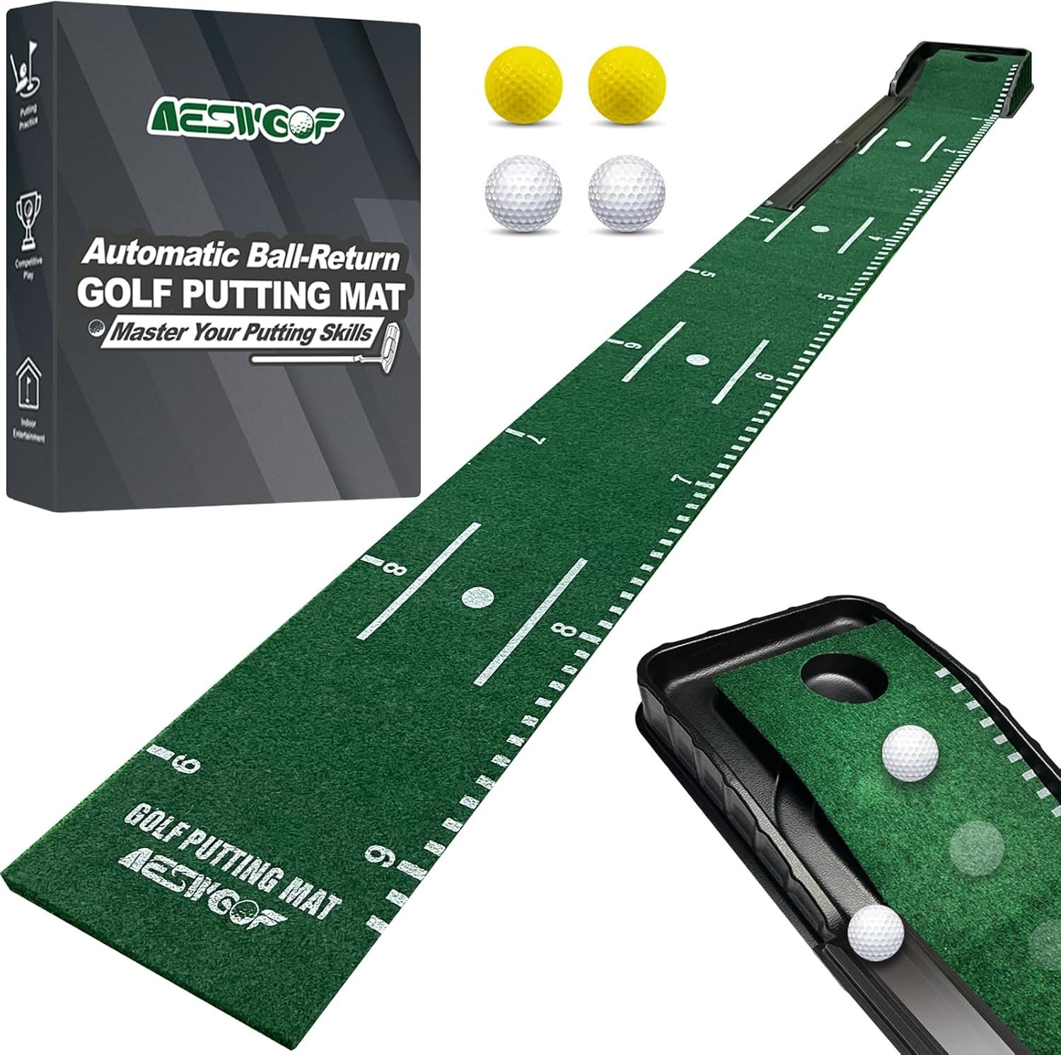 Golf Putting Mat Set with 9.8 ft Putting Green, 4 Golf Balls for Indoor Use | Training Aid Mat with Ball Return and Alignment Guides for Home & Backyard Practice – Great Gift for Golfers and Beginners