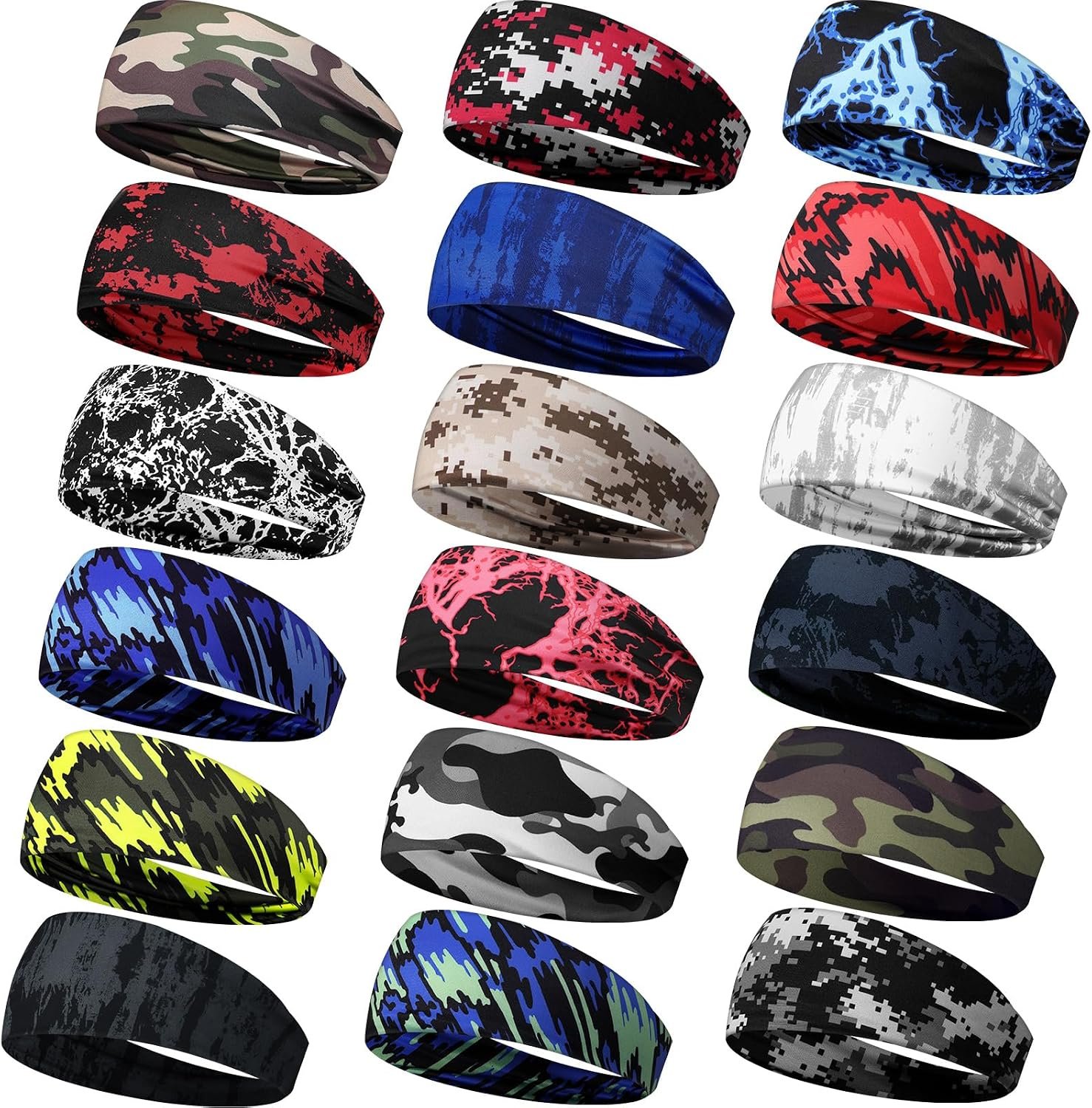 18 Pcs Sports Sweatbands for Men Women Camo Headbands Workout Non Slip Headbands Breathable Head Band Fitness Stretchy Unisex Hairband for Yoga Running Cycling Ball
