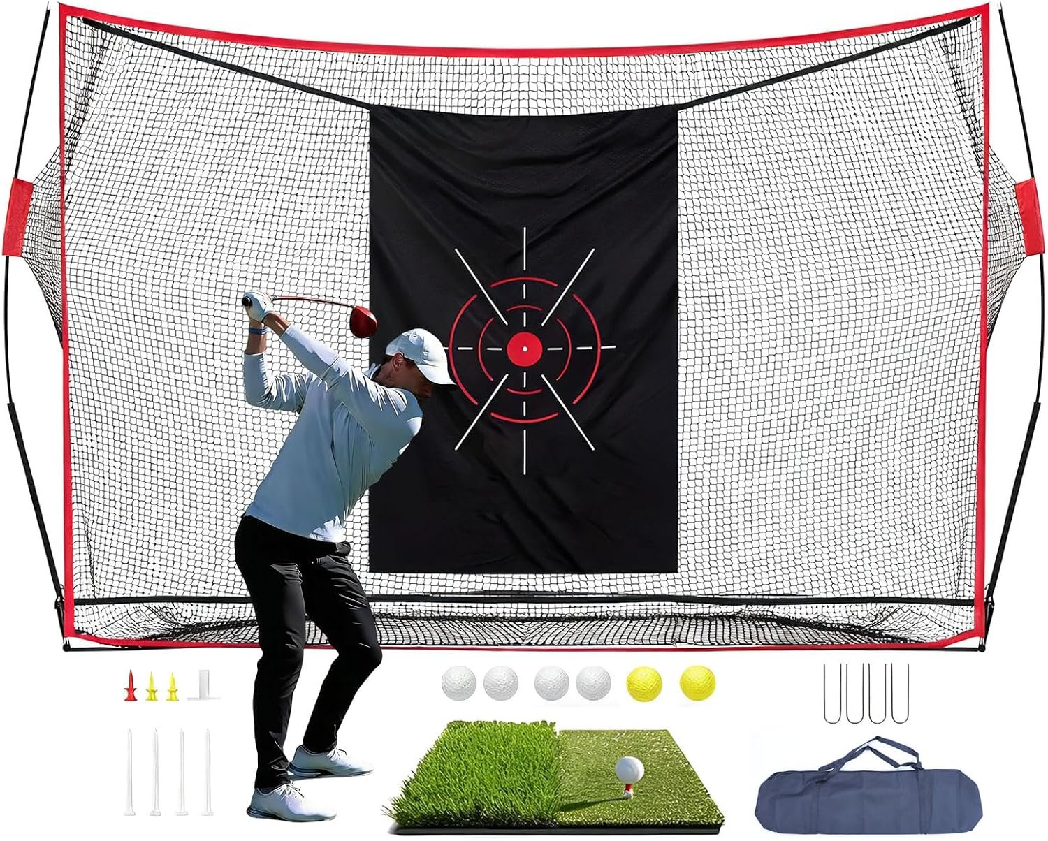 Golf Net,10x7FT Heavy Duty Golf Practice Net,Backyard Training Equipment | Dual-Turf Mat,6 golf Balls,8 golf Tees,Carry Bag