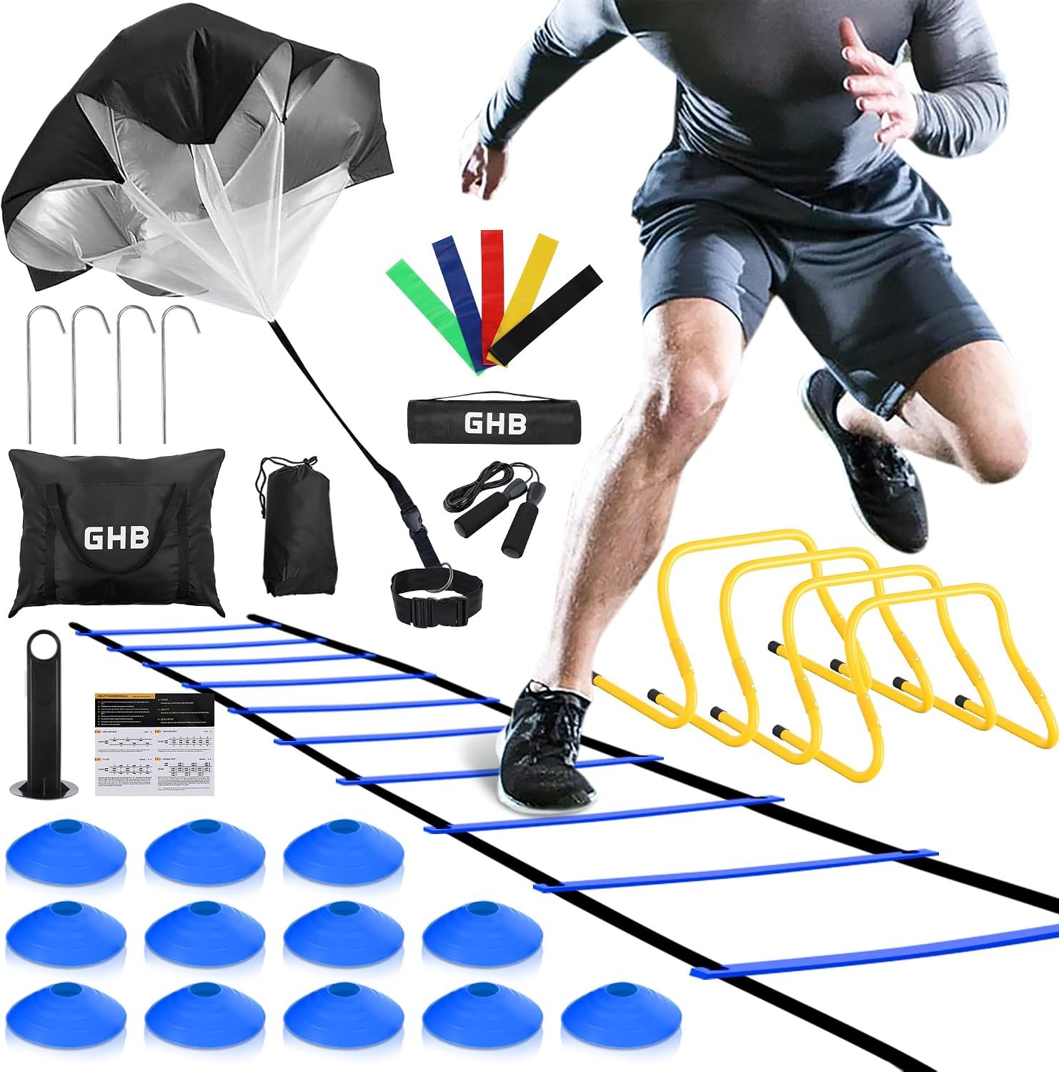 GHB Agility Ladder,Football Training Equipment Set,4 Agility Hurdles, 20 feet12 Rungs Speed Ladder,12 Disc Cones,Resistance Parachute, Jump Rope, 5 Resistance Bands