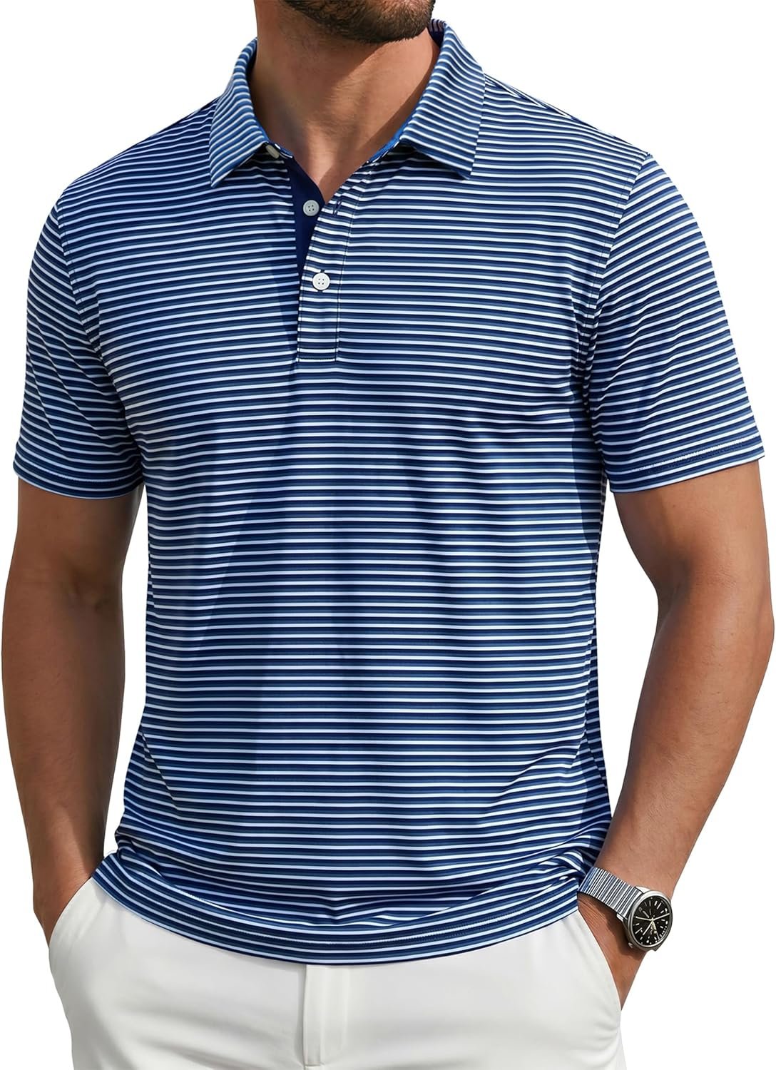 MAGCOMSEN Men’s Golf Shirts Dry Fit Athletic Moisture Wicking Striped Polos | Performance Breathable Fabric, Ideal for Business, Tennis, Casual and Work