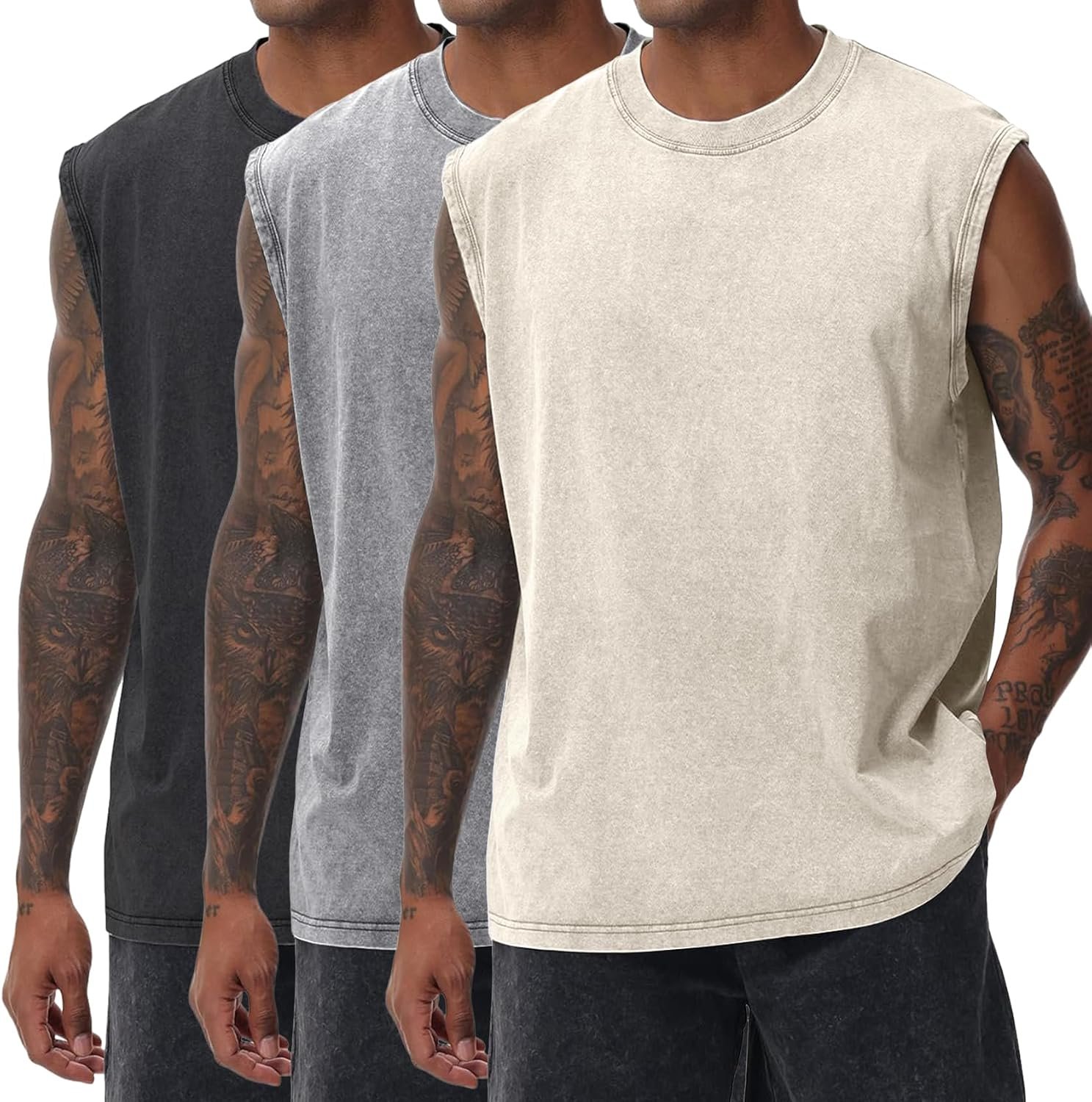 Yimoon Mens Tank Tops Workout Sleeveless Shirts Cotton Acid Wash Tees Loose Gym Muscle Shirts