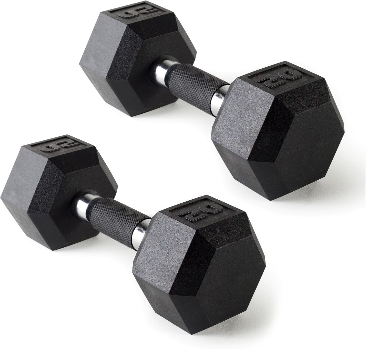CAP Rubber Coated Dumbbell Weights, Free Weights for Home Gym Strength Training, Anti-Roll Hex Dumbbells with Black, Chrome & Comfort Grip Handles, Pairs & Sets