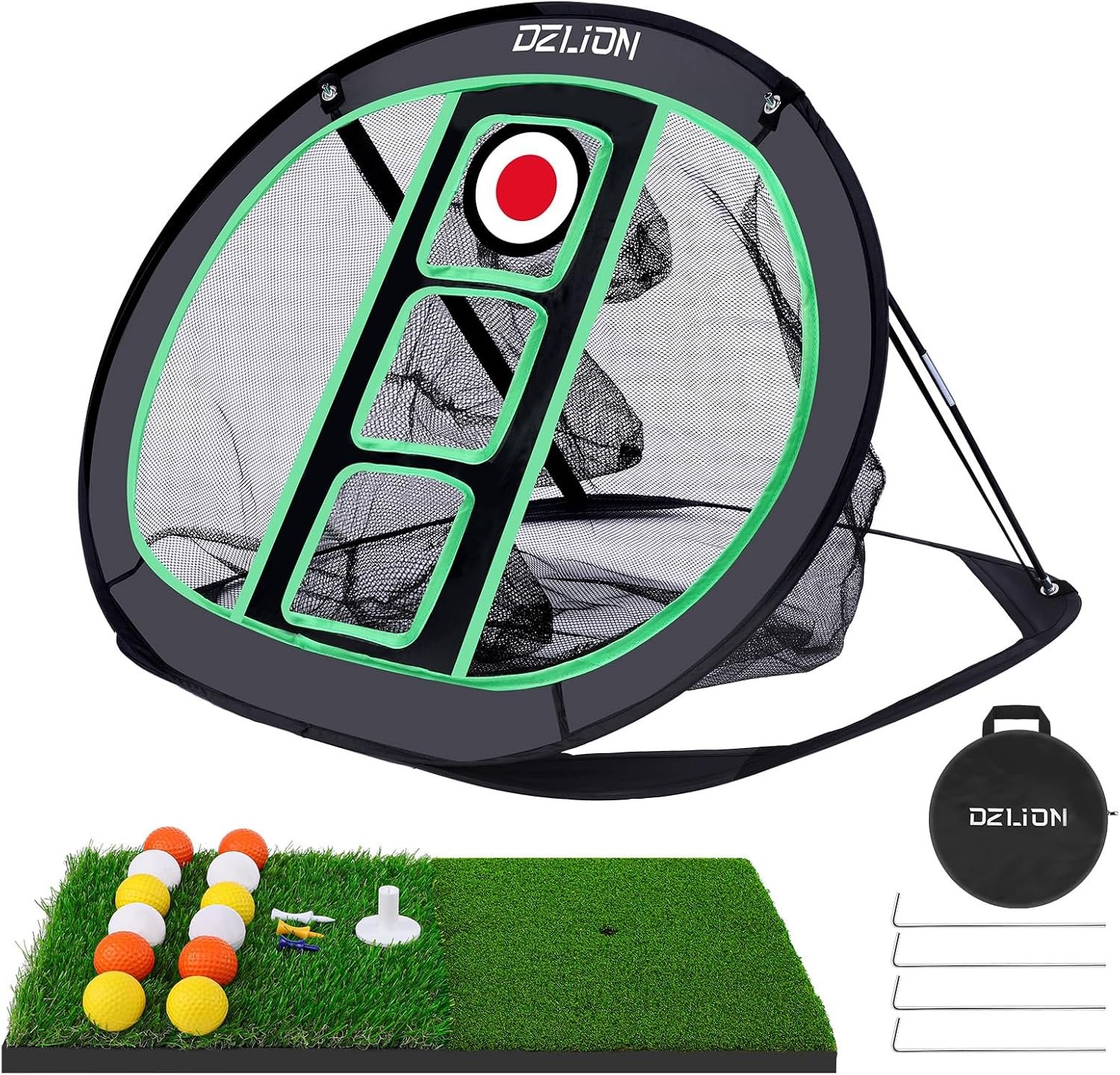 Golf Chipping Net Set with 2 Mats and 12 Practice Balls, Foldable | 3 Target Pockets, Oxford Cloth And Nylon Net, Indoor/Outdoor Practice, Includes Carry Bag, Stakes And Tees