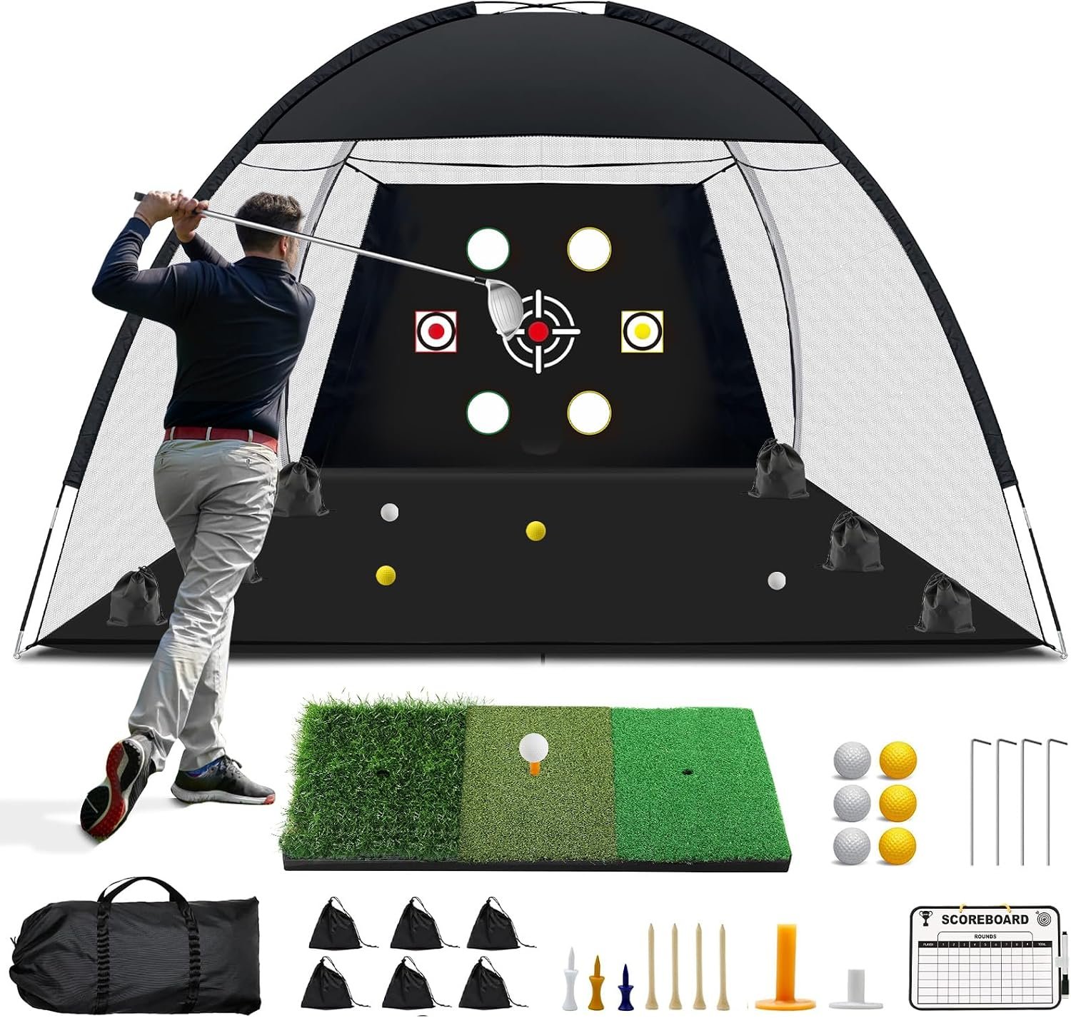 Golf Net, 10×7 Ft Practice Hitting Golf Net with Tri-Turf Mat, Ball, Tee, and Carring Bag, All-in-One Multi-Target Training Aid for Outdoor/Indoor Chipping & Driving, Ideal Gift for Men/Enthusiasts