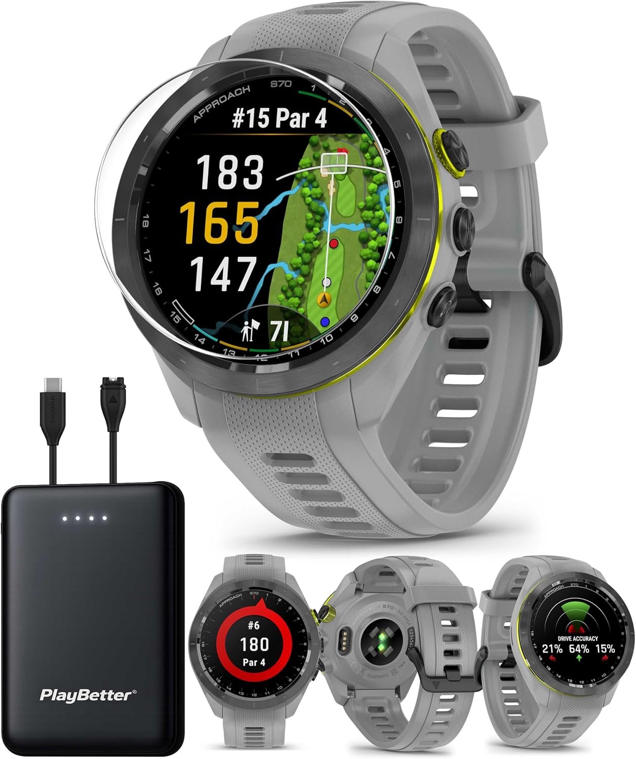 Garmin Approach S70 (Gray, 42mm) Golf GPS Smartwatch PlayBetter Bundle | 1.2″ AMOLED Touchscreen, 43K+ Courses, Virtual Caddie | Includes 5000mAH Portable Charger & Screen Protectors
