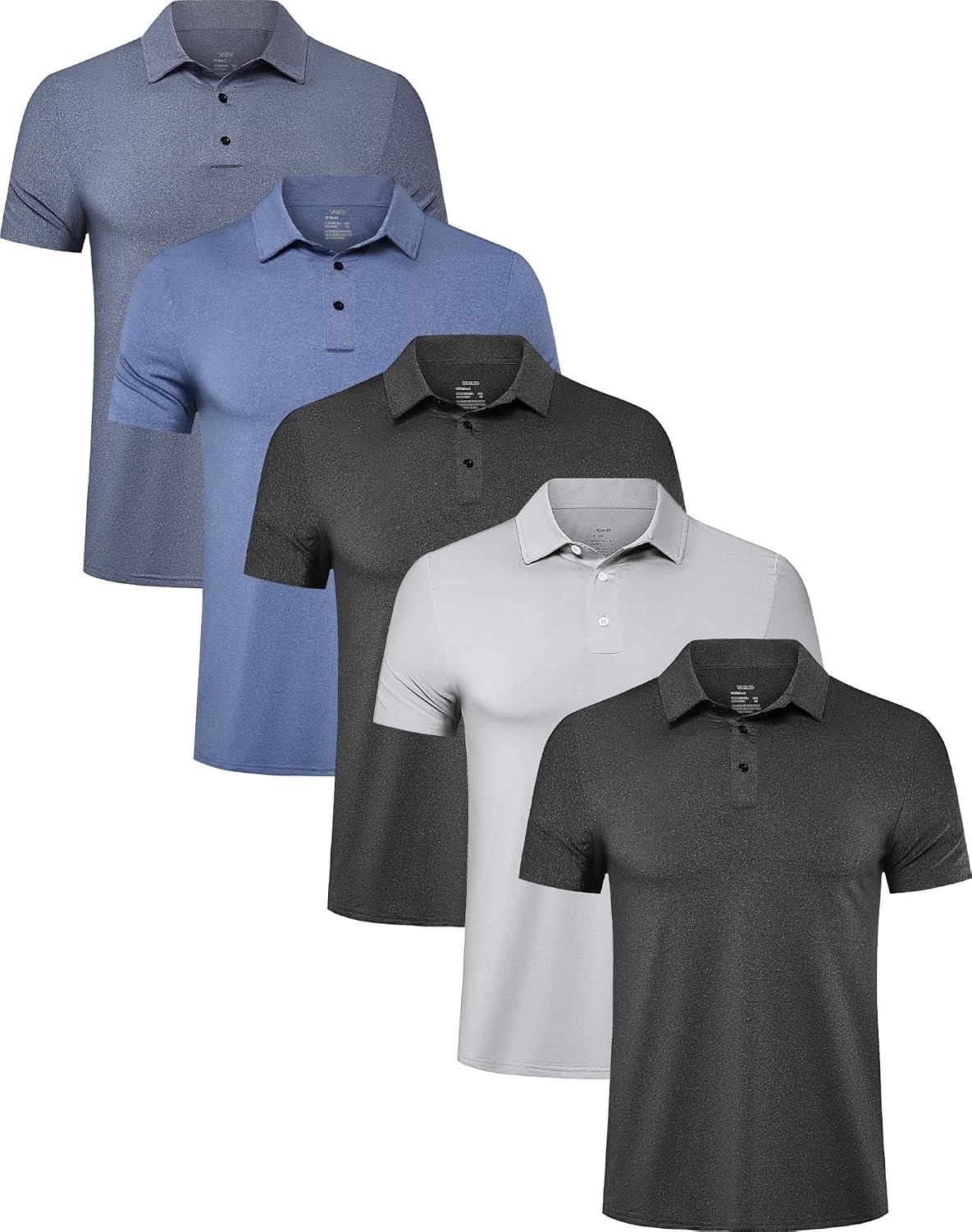 5 Pack Men’s Polo Shirts Short Sleeve Golf T Shirt Performance Casual | Three button neck, Moisture wicking, lightweight, tagless, quick dry, sun protection, golf, tennis, office, lounging, daily