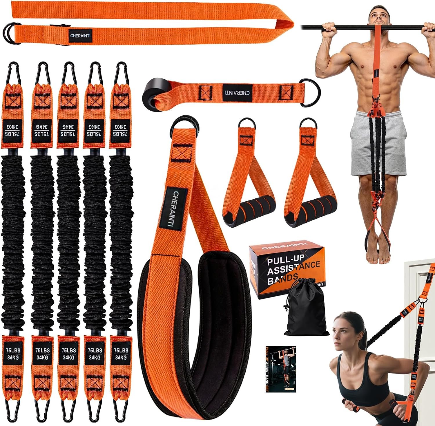 Pull Up Assistance Bands, 375lbs Heavy Duty Pullup Assist Band Set with 5 Resistance Bands, Adjustable Strap, Comfortable Foot/Knee Rest, Handles & Door Anchor for Home Gym Strength Training