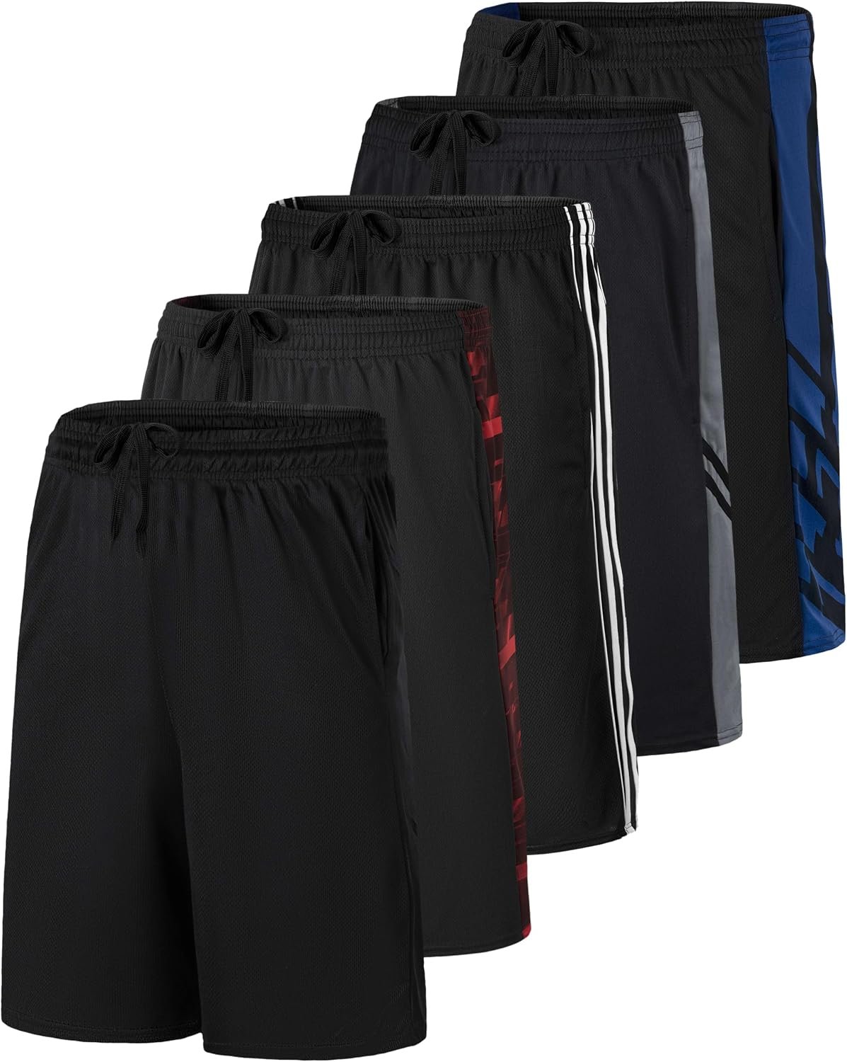 5 Pack Men’s Mesh Shorts Athletic Basketball Sports Gym Workout Pockets | Cooling Moisture-Wicking, 9″, Long, Quick-Dry, Breathable, Elastic Drawstring Waistband. Running, Exercise, Soccer, Training.
