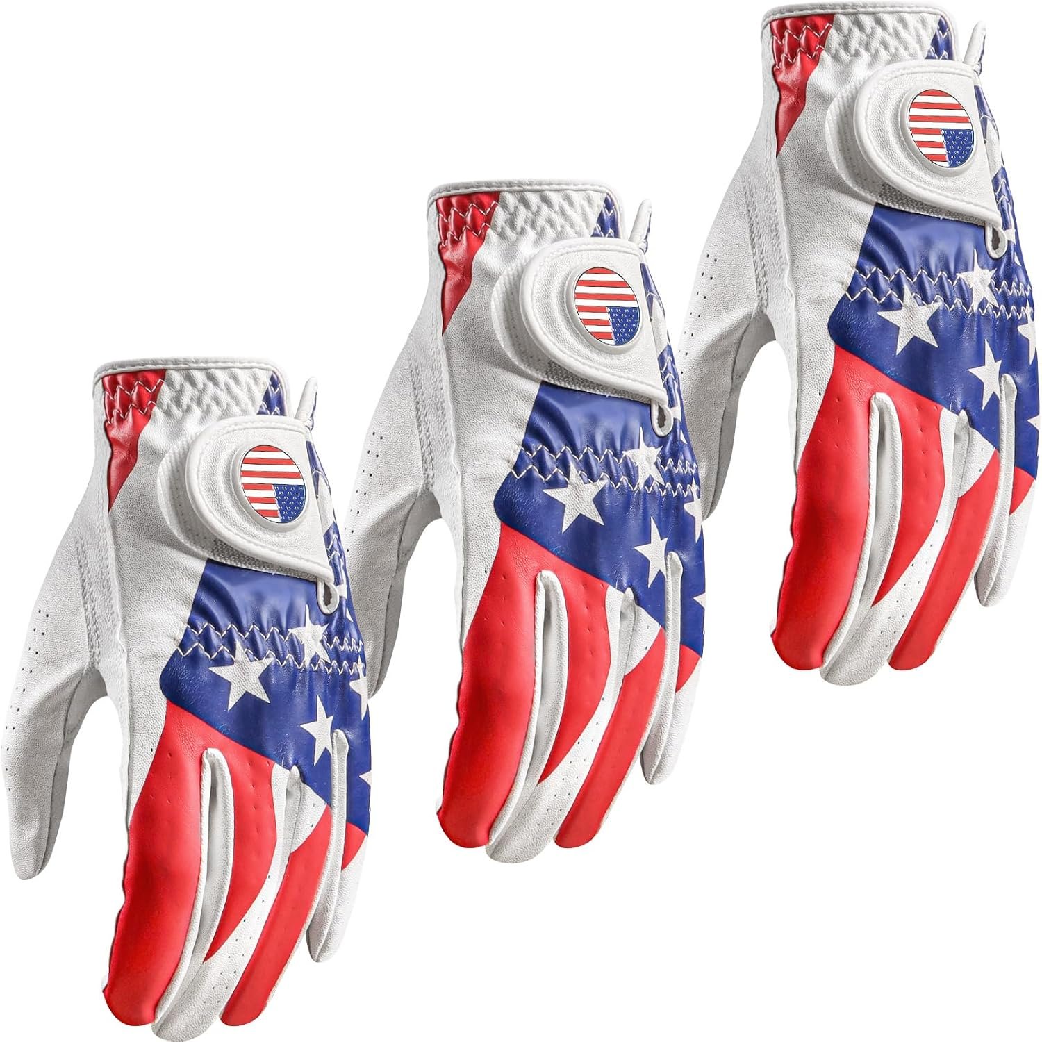 Amy Sport Golf Gloves Men with Ball Marker 3 Pack | Premium Leather Palm Soft Durable Grip, Left Right Hand Glove Bright Multicolor, All Weather Breathable Flexible Comfortable