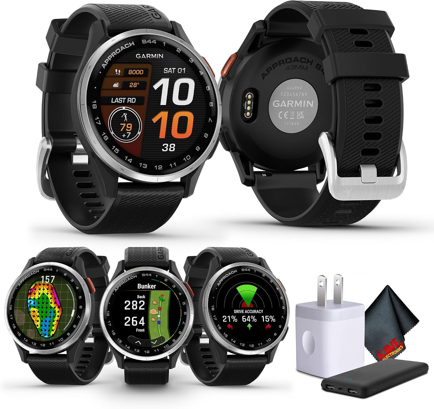 Garmin Approach S44 On-Course Golf GPS Watch (Silver/Black) Bundle | For Golf, Course Navigation & Training | AMOLED Display | On-Course Features | Sports and Fitness Smartwatch