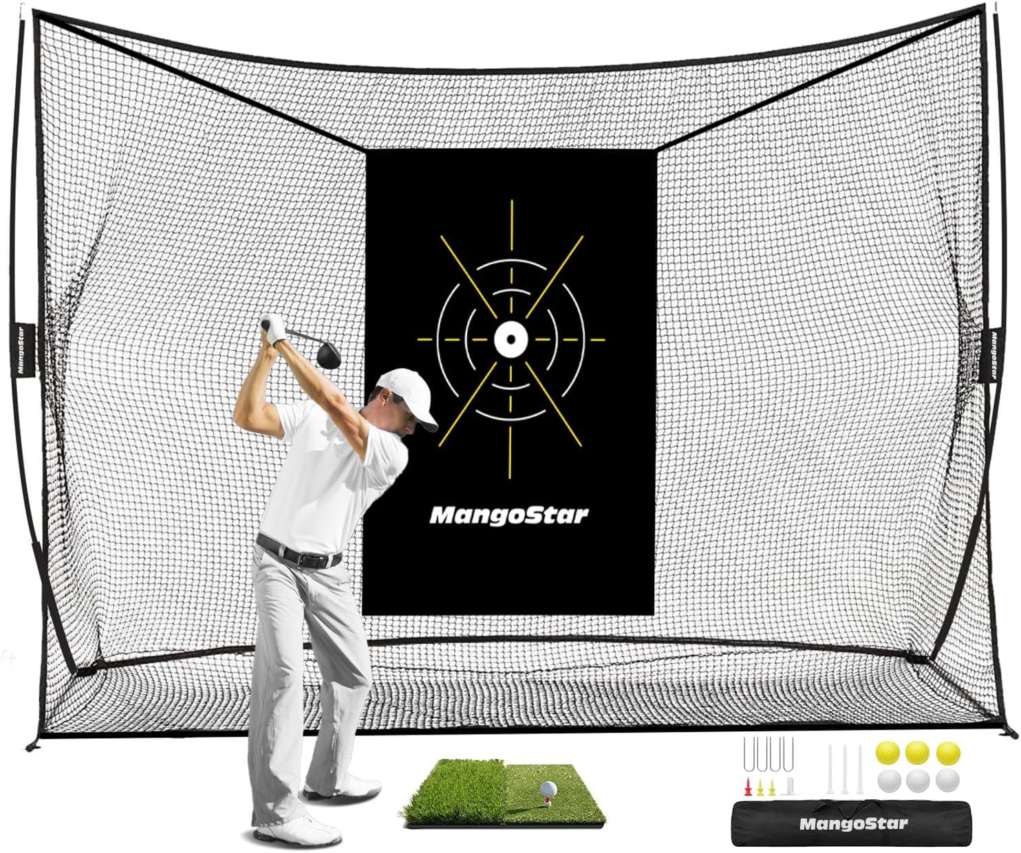 Mangostar Golf Net, 10x7ft Heavy Duty Golf Practice Net for Backyard | Driving Real Golf Balls with Mat, Target Cloth, 6 Balls, 7 Tees, Carry Bag, Indoor Outdoor Golf Hitting Training Set