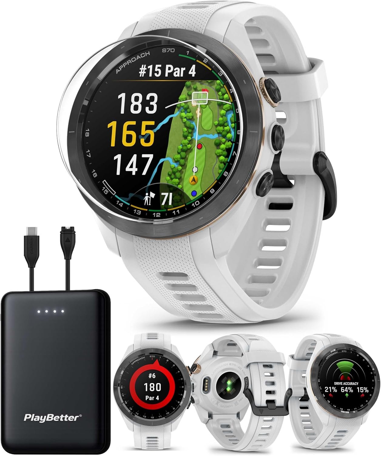 Garmin Approach S70 (White, 42mm) Golf GPS Watch Bundle – AMOLED Display, Virtual Caddie & PlaysLike Distance – Includes PlayBetter 5000mAH Portable Charger & Screen Protectors (Renewed)