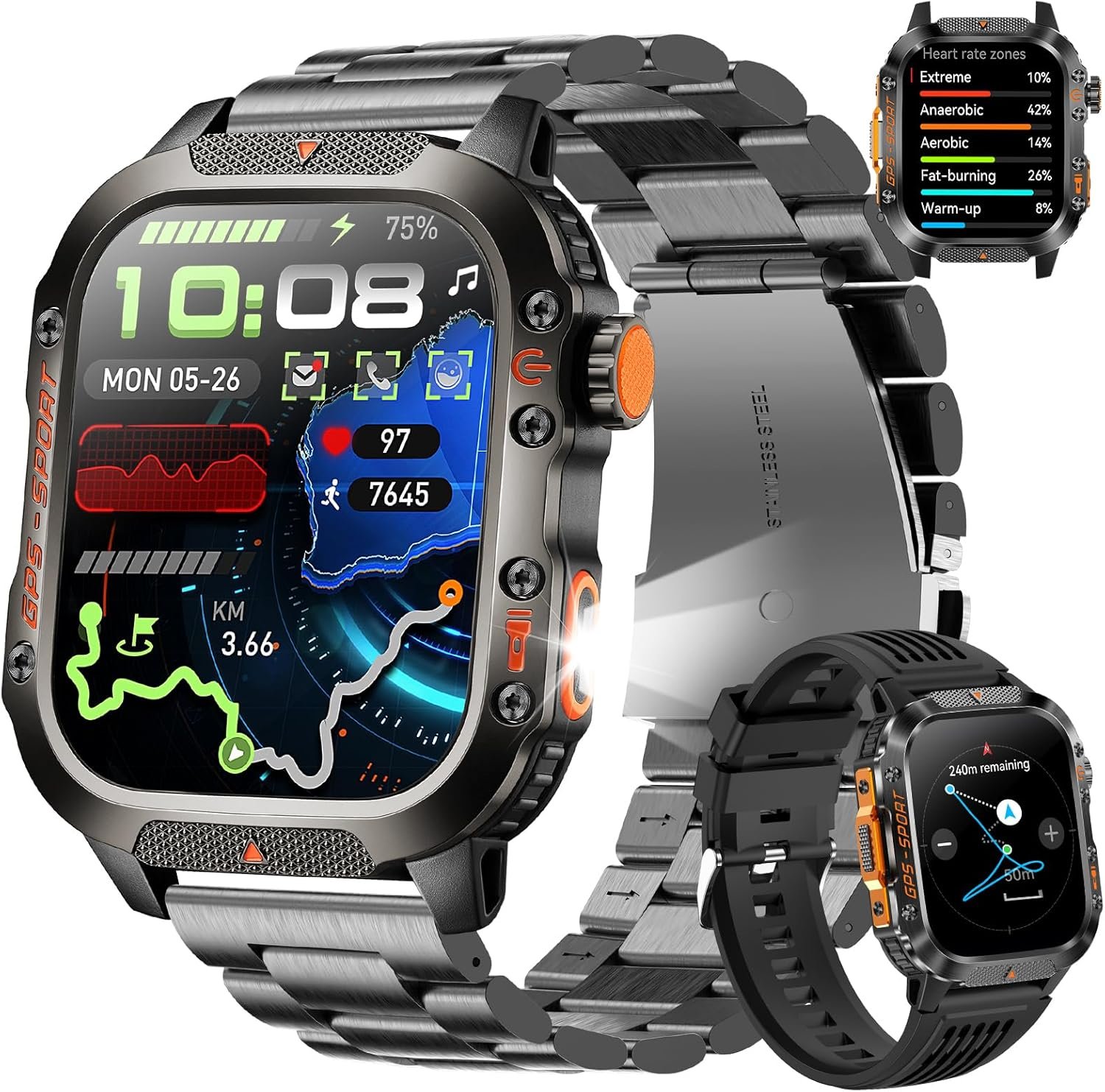 GPS Smart Watch for Men (Answer/Make Calls), 2.01” Military Rugged | Compass Smartwatch with 10-Day Battery, Heart Rate, Sleep Tracking, 100+ Sports Modes, 2 Straps