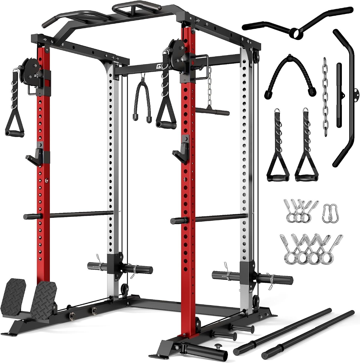 DP01 Power Cage, 2000LBS Squat Rack with Cable Crossover and Dual Independent Pulley System, Full Cage for Full Body Training, Power Rack with More Training Attachments for Home Gym