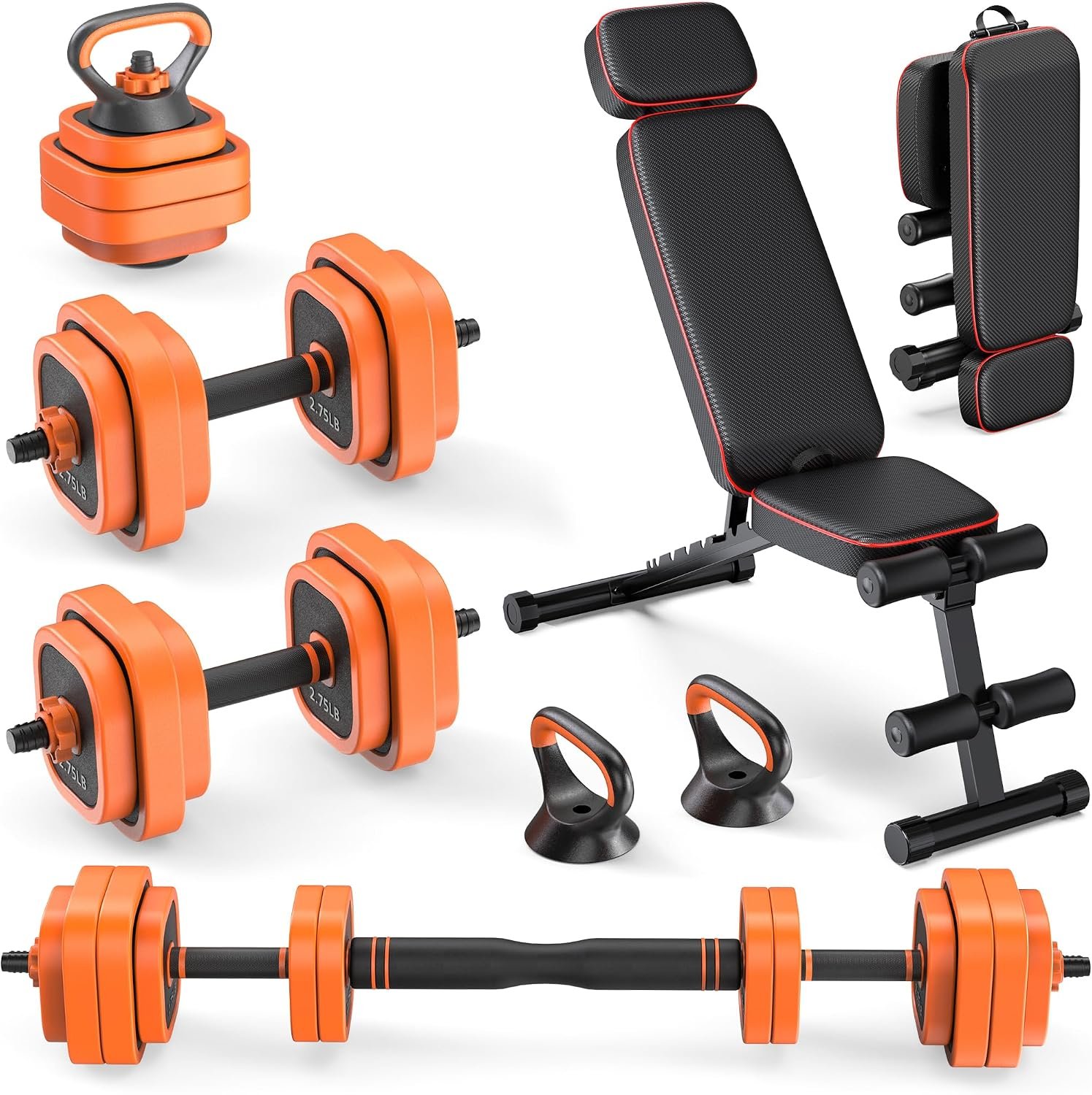 Rendpas 4-in-1 Adjustable Dumbbell Set with Foldable Bench for Home Gym | 800LB Capacity, 10 Angles Incline, Convert to Barbell, Kettlebell, Push-Up Stand