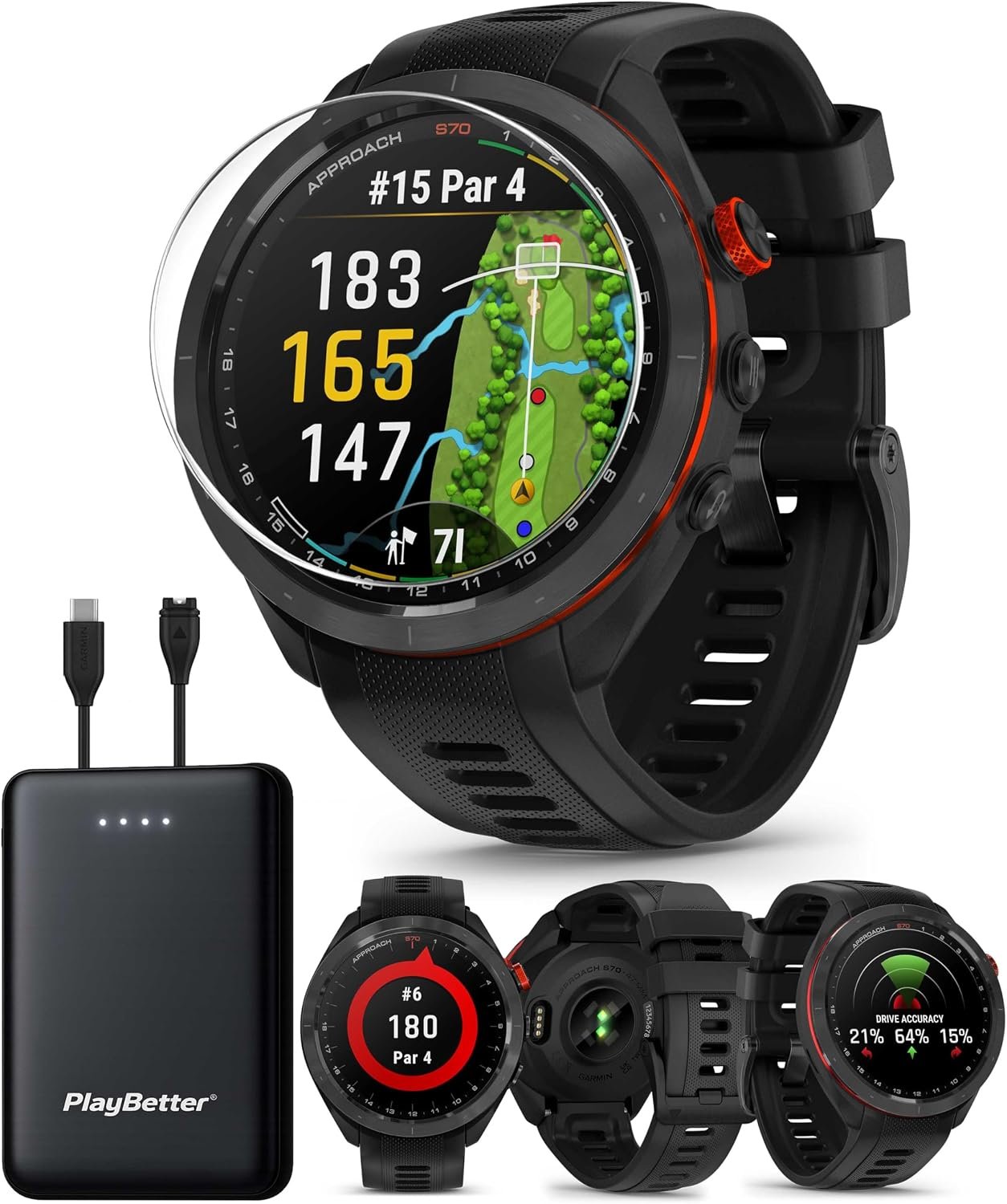 Garmin Approach S70 (Black, 47mm) Golf GPS Smartwatch PlayBetter Bundle | 1.4″ AMOLED Touchscreen, 43K+ Courses, Virtual Caddie, Shot Tracking | Includes 5000mAH Portable Charger & Screen Protectors