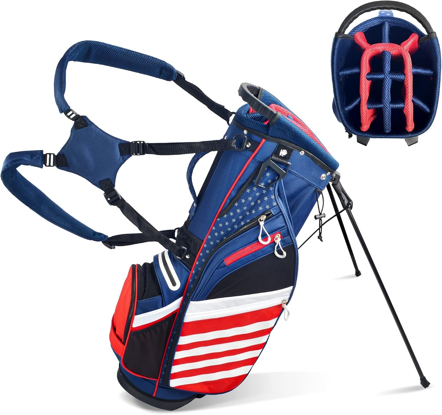 Golf Stand Bag, 14 Way Golf Bag, USA Stars & Stripes | Lightweight 14 Way Top Dividers Golf Carry Bag with 8 PocketsGolf Bag for Golf Club Golf Cart for Men & Women