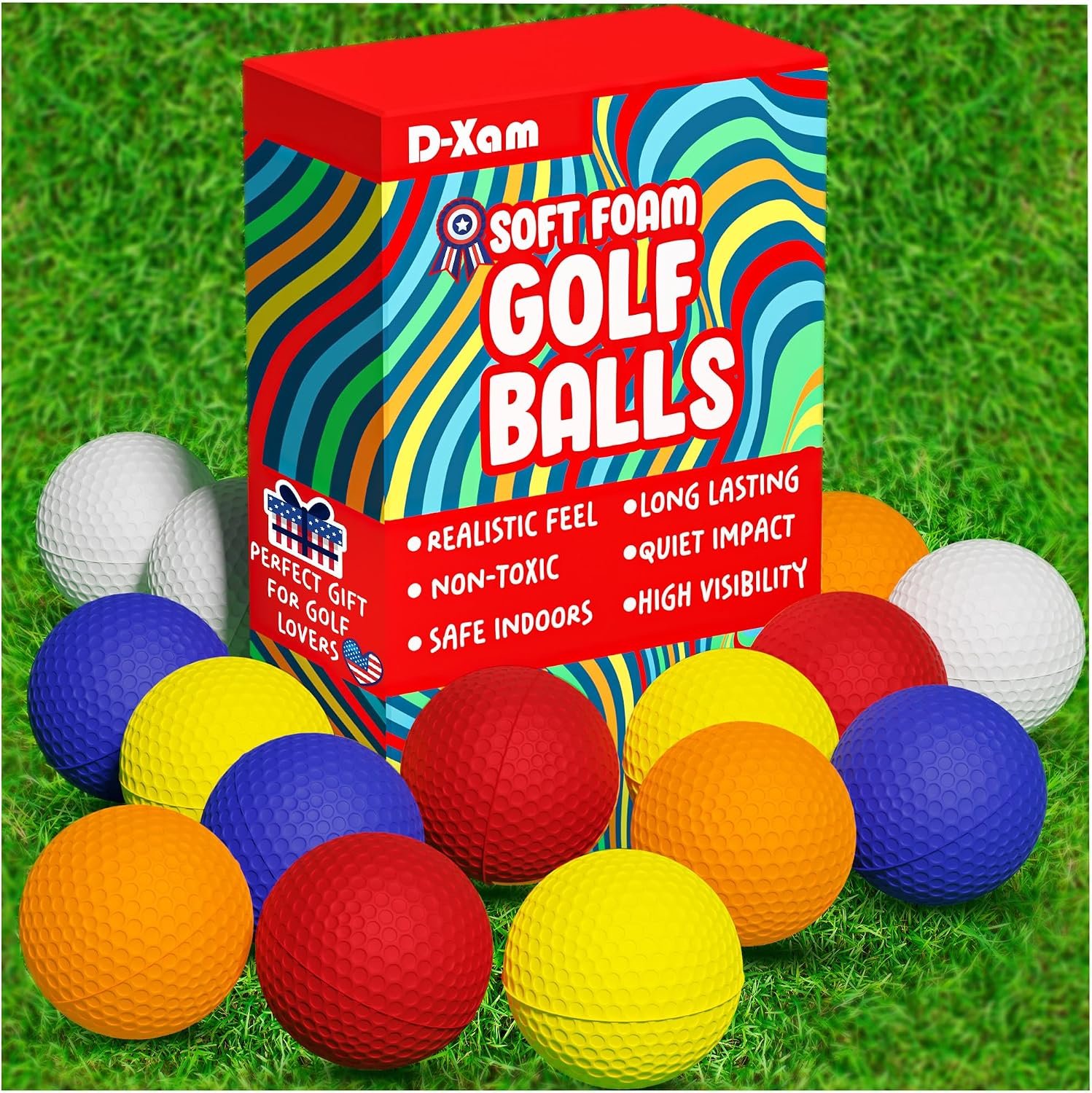 D-Xam Foam Golf Balls Bulk 40, 24 or 15 Pack Practice Golf Ball Multicolor 41mm Soft | Long Lasting & Realistic Feel | Limited Flight Use Indoors Outdoors