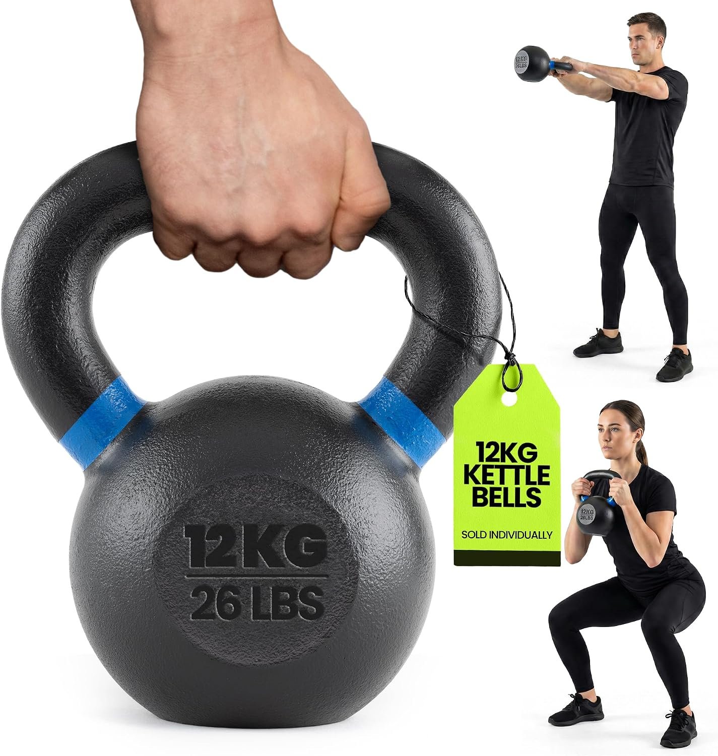 Single Cast Iron Kettlebell, Wide Handle Powder Coated – Core/Glute Workout