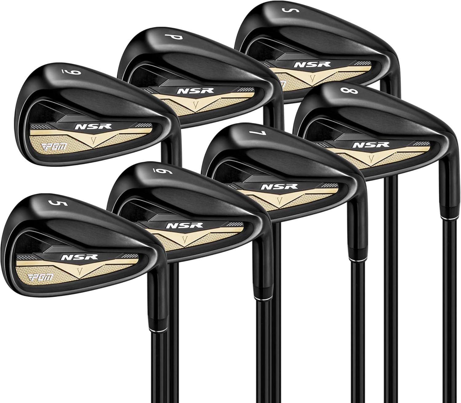 PGM NSR V Men’s Golf Iron Set 5-9 PW SW Right Handed. | 431 stainless steel irons with graphite shafts, low CG undercut design, and a thin face for consistent distance and feel.