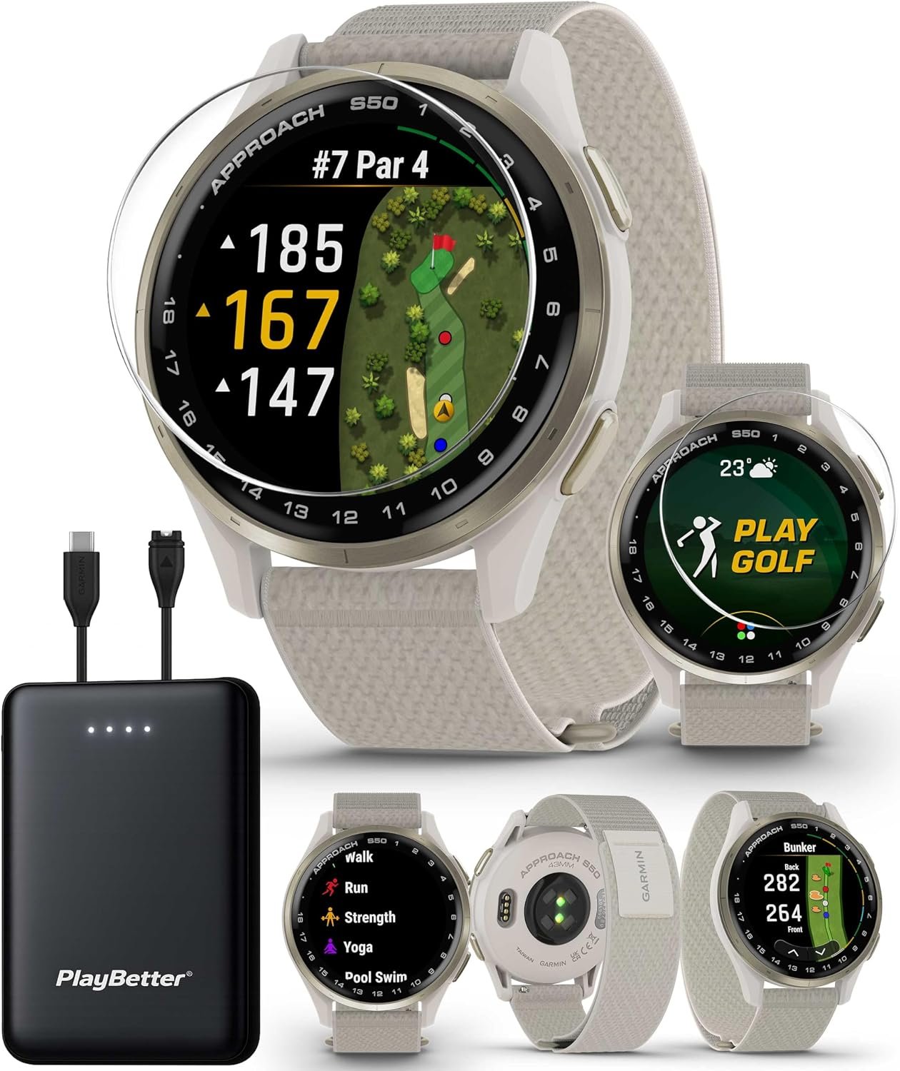 Garmin Approach S50 (Cream Gold/Ivory) Golf GPS Watch PlayBetter Bundle | 1.2″ AMOLED Display, 43K+ Courses, PlaysLike Distance, 15H Battery | Includes 5000mAh Portable Charger & Screen Protectors