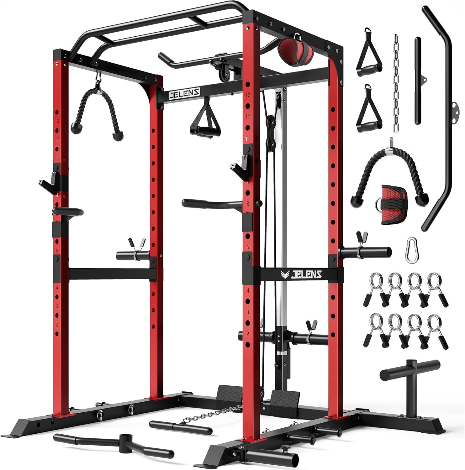 JELENS S21 Power Cage, Multi-Function Power Rack with Adjustable Cable Crossover System, 2000LBS Squat Rack for Home Gym with More Training Attachments