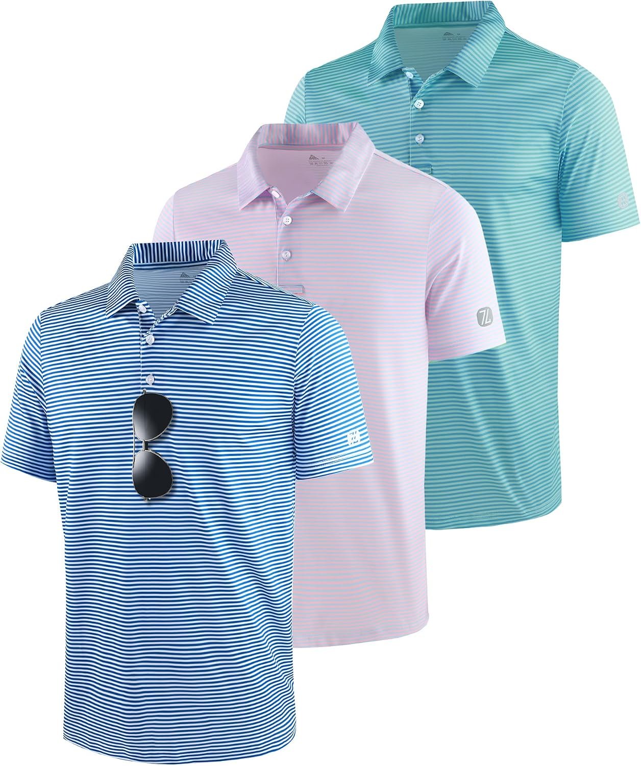ZITY 3 Pack Golf Shirts for Men Short Sleeve UPF 50+ Performance Moisture Wicking Casual Striped Collared Polo Shirts