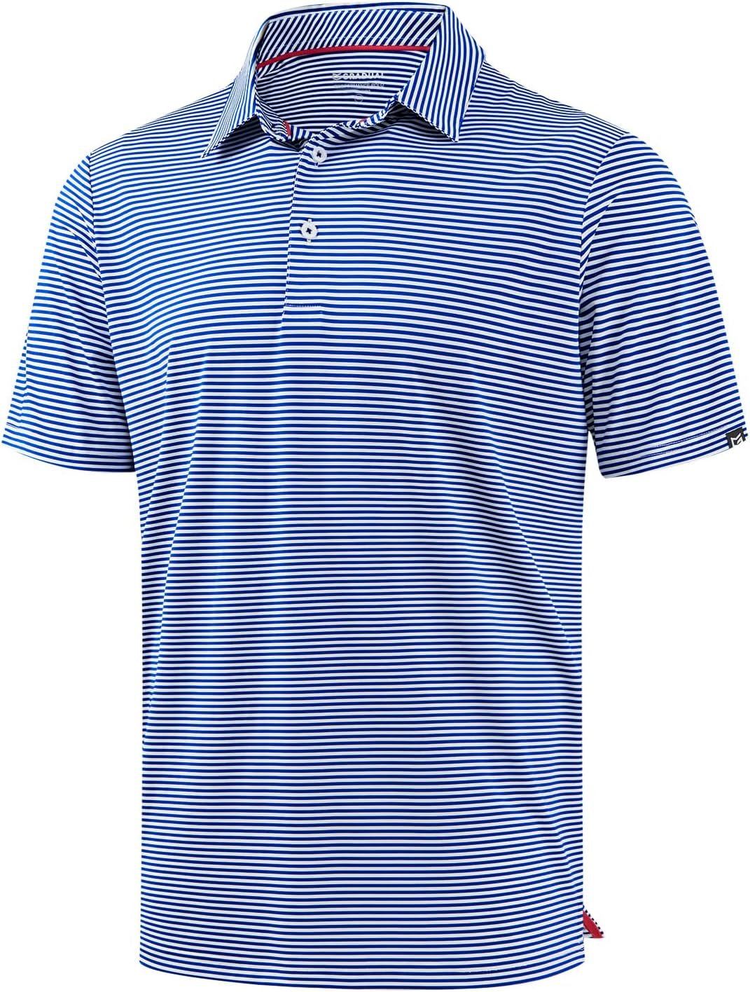 Mens Golf Shirt Dry Fit Performance Short Sleeve Striped Polo Shirts | Moisture Wicking, Breathable, Soft Stretch, Colorful Stripes, 3-Button, UPF50+, Easy Match for Dressy Casual, Tennis, Daily